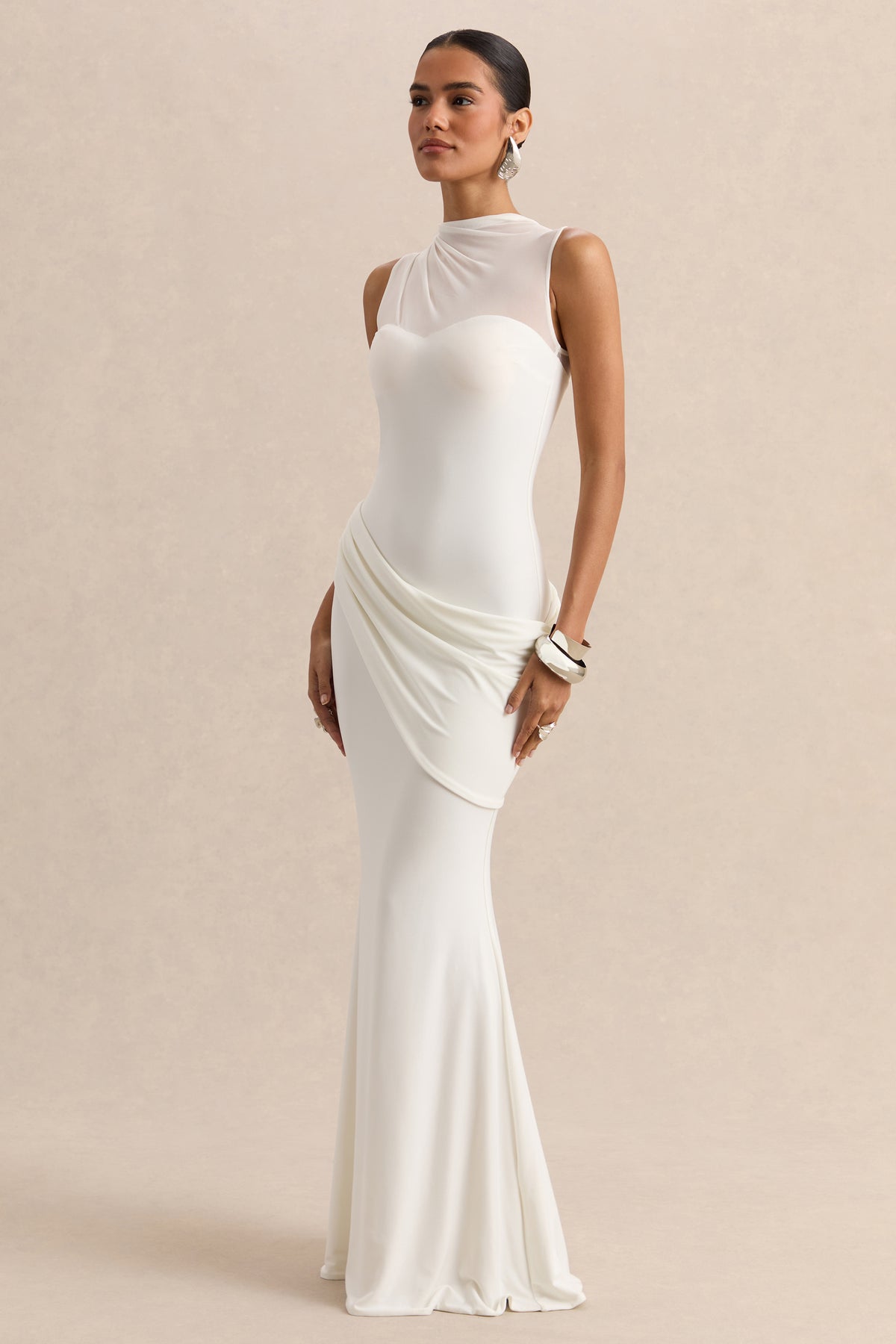 Lyssy | White High-Neck Maxi Dress With Mesh-Detail - UK 14 White Lyssy | White High-Neck Maxi Dress With Mesh-Detail - UK 14 White