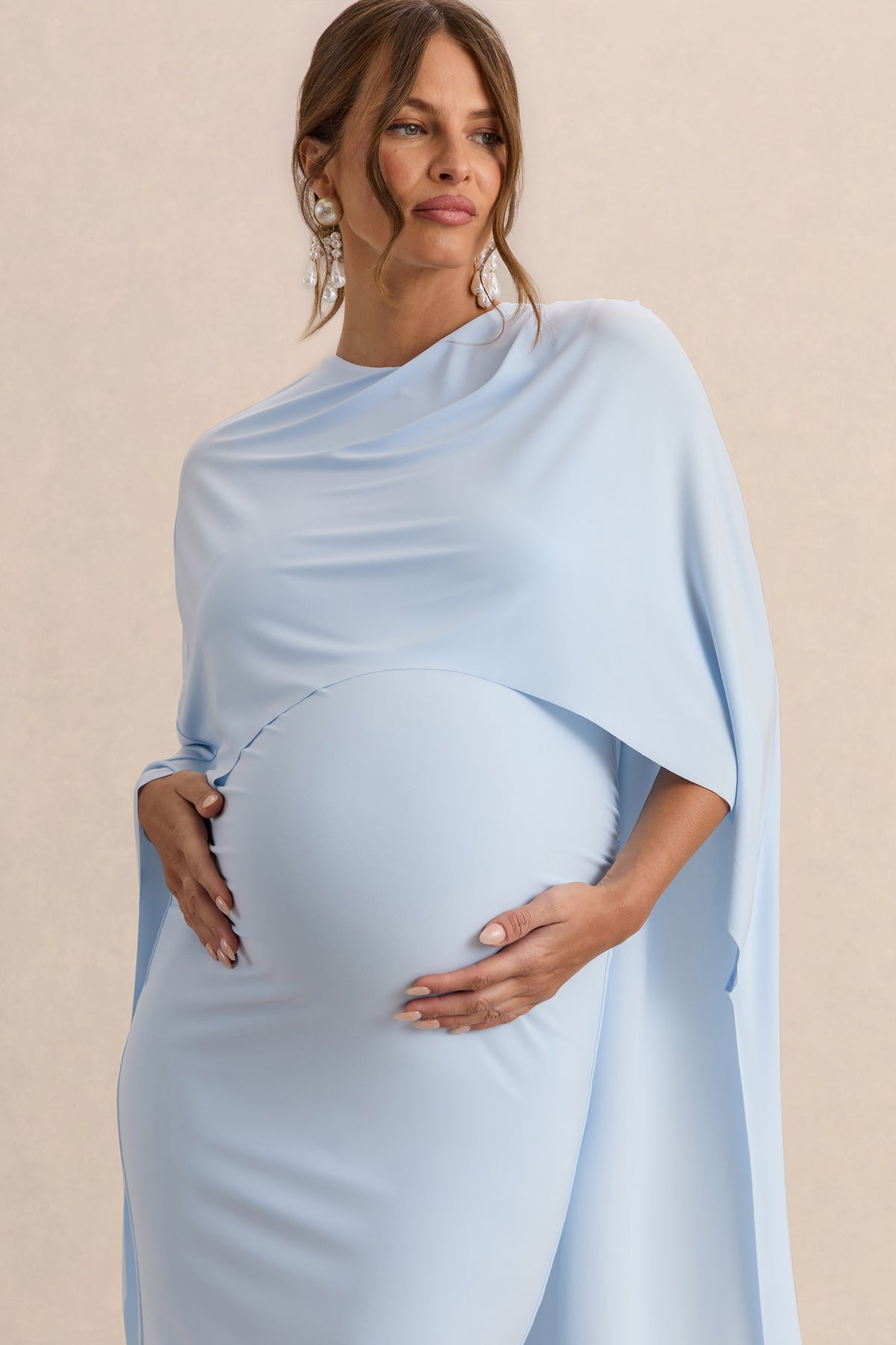 Arwen | Powder BLUE Round-Neck Maternity Midi Dress With Cape Detail - UK 8 LIGHT BLUE Arwen | Powder BLUE Round-Neck Maternity Midi Dress With Cape Detail - UK 8 LIGHT BLUE