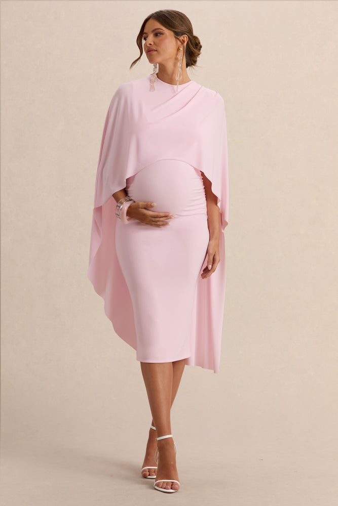 pale pink midi dress Arwen | Light PINK Round-Neck Maternity Midi Dress With Cape Detail