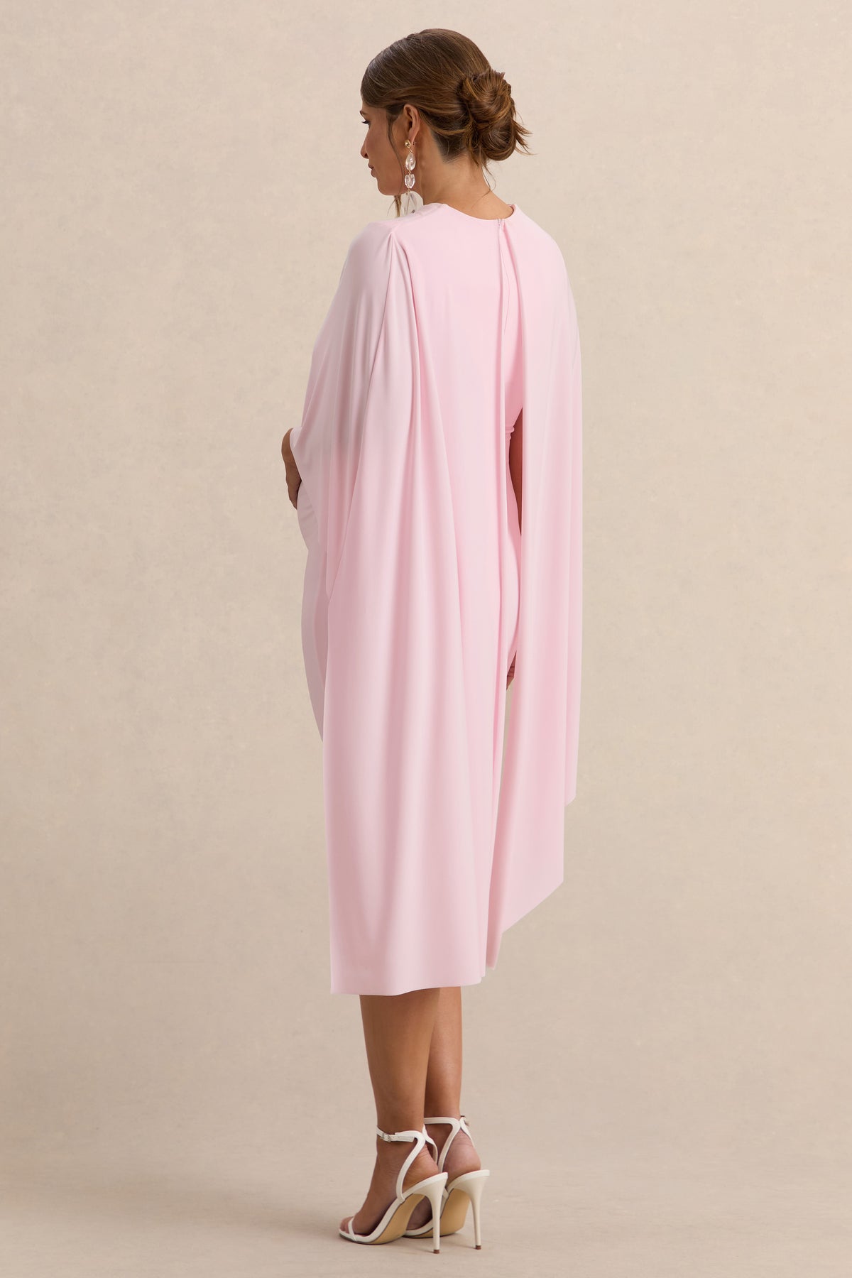 Arwen | Light PINK Round-Neck Maternity Midi Dress With Cape Detail - UK 14 Light PINK Arwen | Light PINK Round-Neck Maternity Midi Dress With Cape Detail - UK 14 Light PINK