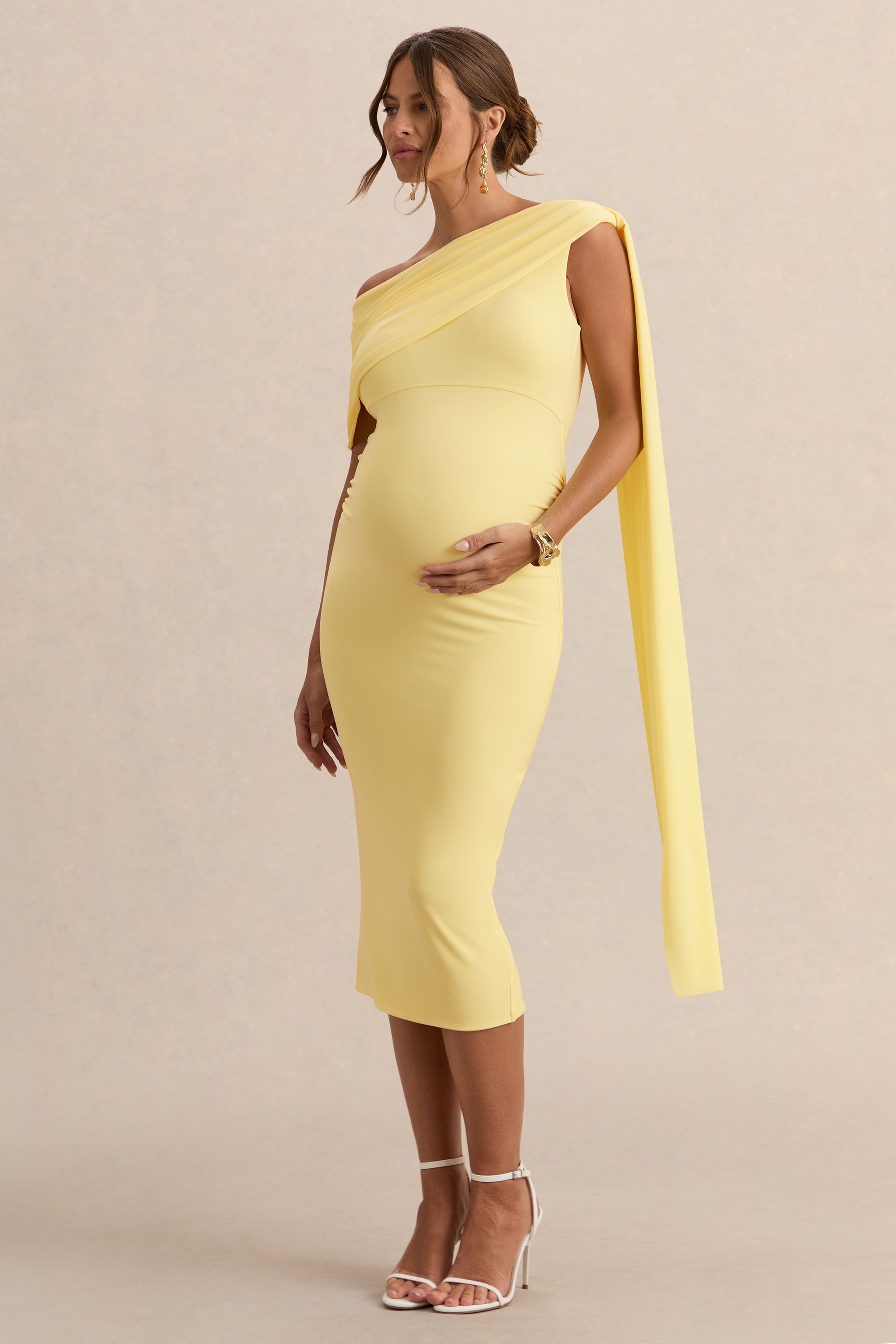 Braelyn | Lemon Asymmetric-Neck Maternity Midi Dress With Gathered Detailing And Sash