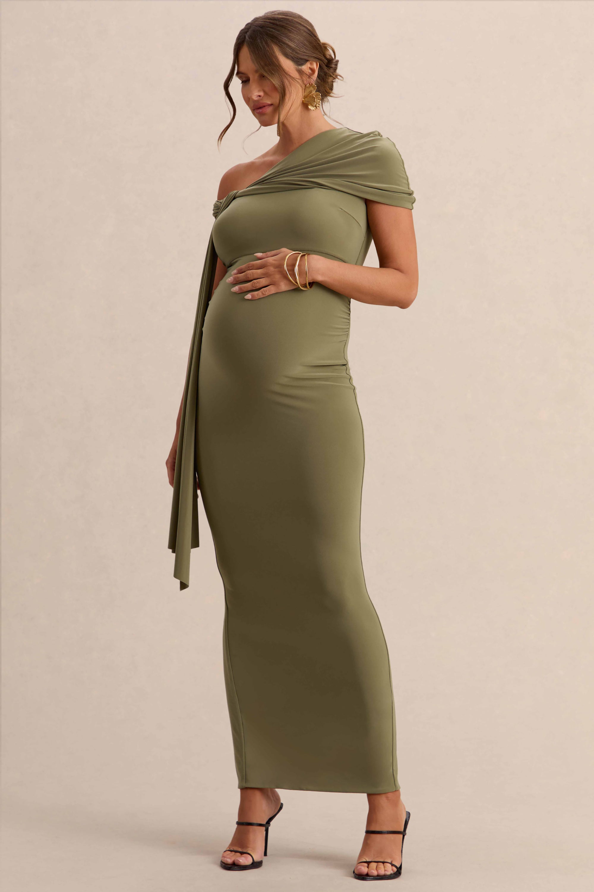 khaki asymmetric dress Rowena Khaki Asymmetrical Off Shoulder Midi Dress, XL / Neutrals