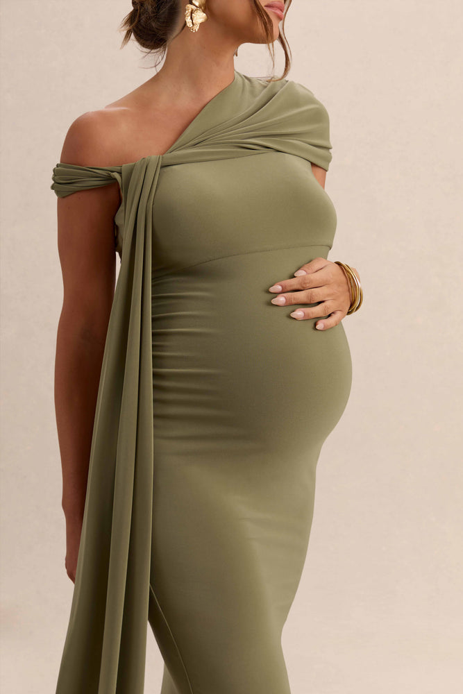 khaki maxi dress plus size Isela | Khaki Asymmetric-Neck Maternity Maxi Dress With Sash Detail