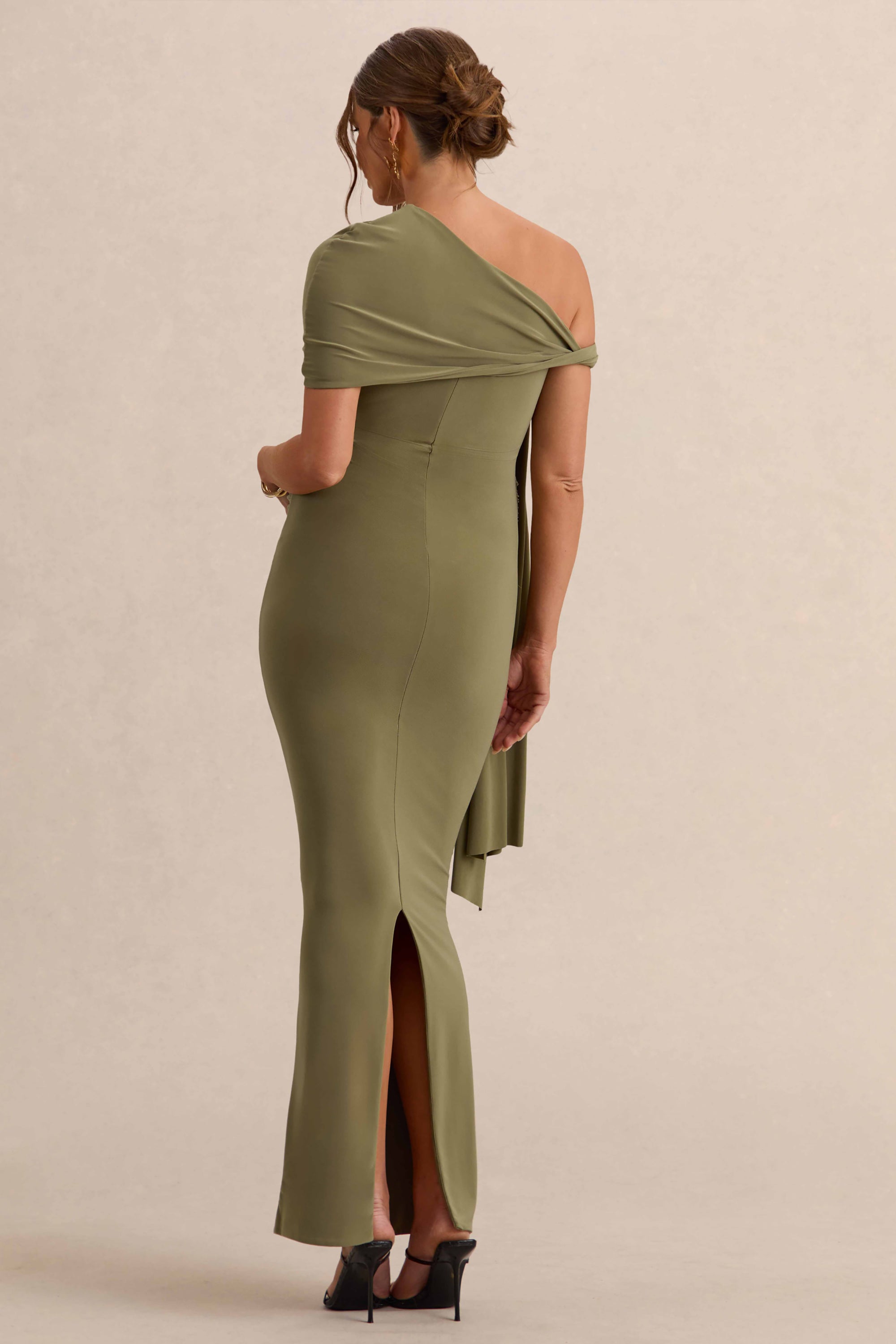 khaki dress maxi Reiss Satin Cape Maxi Dress in Khaki Green