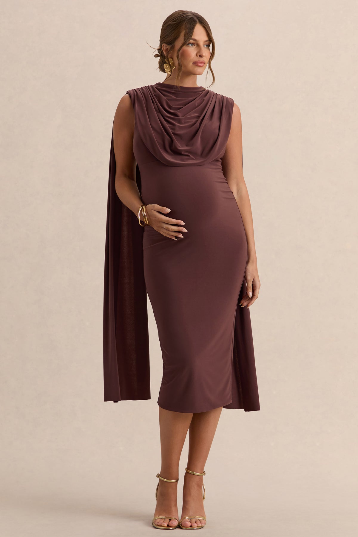 dark brown midi dress with sleeves Milaine | DARK Brown Round-Neck Maternity Midi Dress With Cape Sleeves
