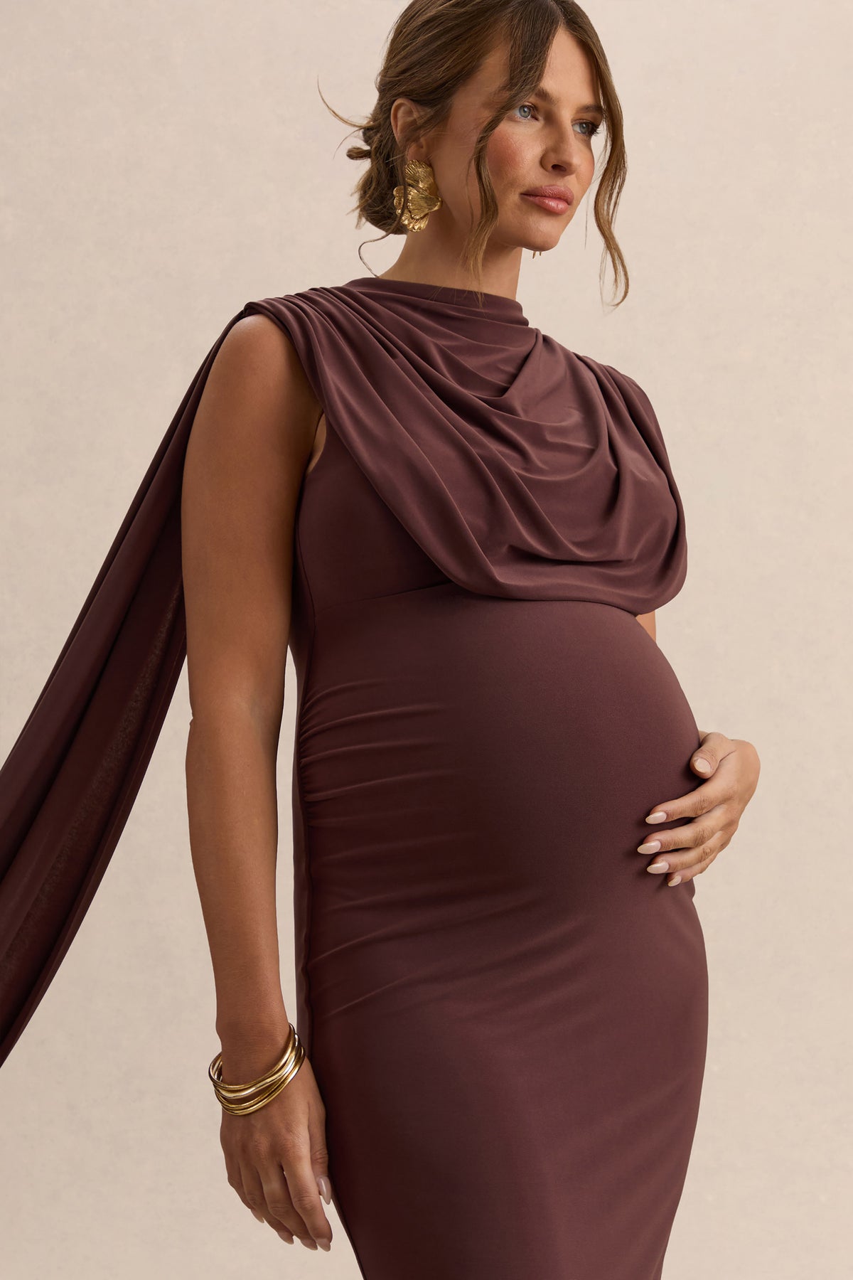 Milaine | DARK Brown Round-Neck Maternity Midi Dress With Cape Sleeves