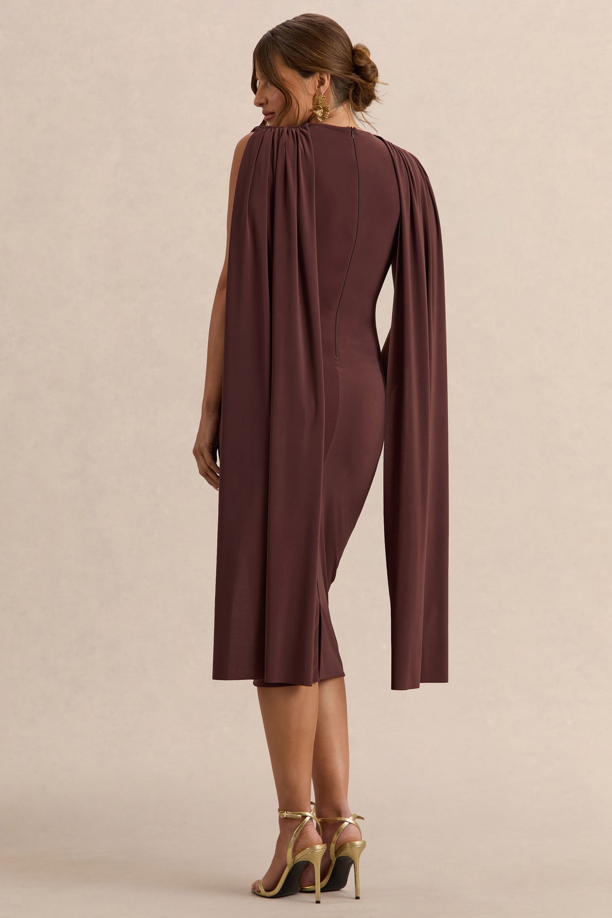 Milaine | DARK Brown Round-Neck Maternity Midi Dress With Cape Sleeves - UK 8 DARK Brown Milaine | DARK Brown Round-Neck Maternity Midi Dress With Cape Sleeves - UK 8 DARK Brown