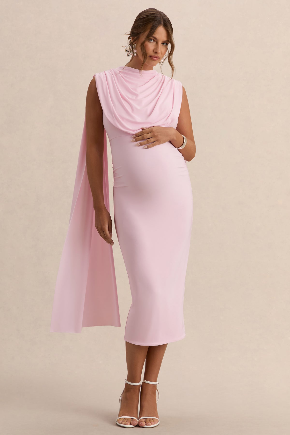 Milaine Light Pink Round-Neck Maternity Midi Dress With Cape Sleeves Club L London - USA Milaine Light Pink Round-Neck Maternity Midi Dress With Cape Sleeves Club L London - USA