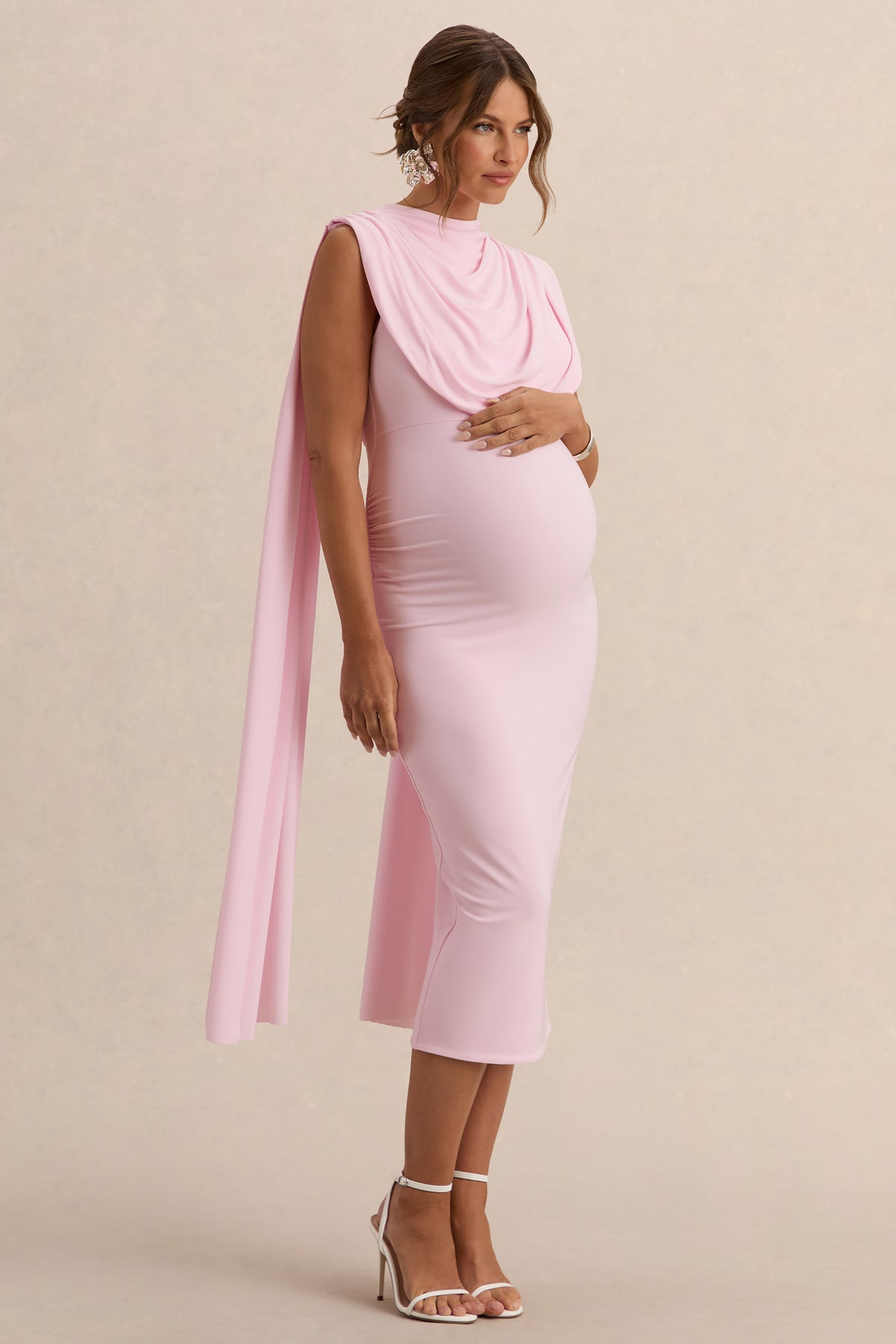 open lace back dress Milaine Light Pink Round-Neck Maternity Midi Dress With Cape Sleeves – Club  L London
