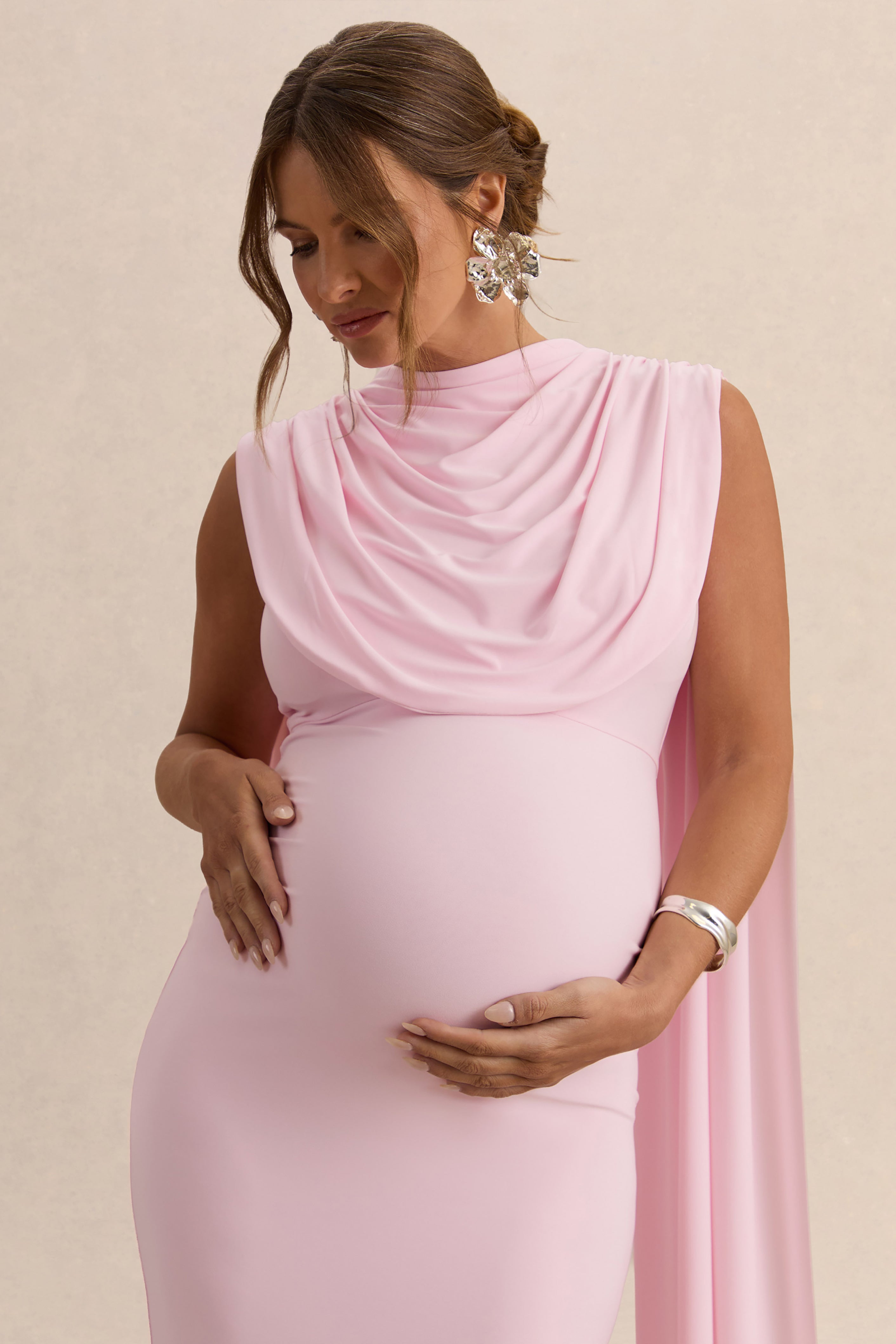 値下げ！Mylan Shine Linen V Neck Dress ピンク Milaine | Light Pink Round-Neck Maternity Midi Dress With Cape