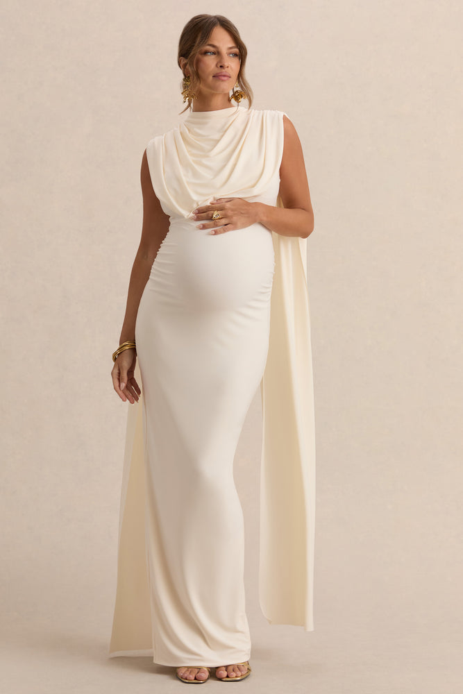 Belva Cream Round-Neck Maternity Maxi Dress With Cape Detail – Club L  London