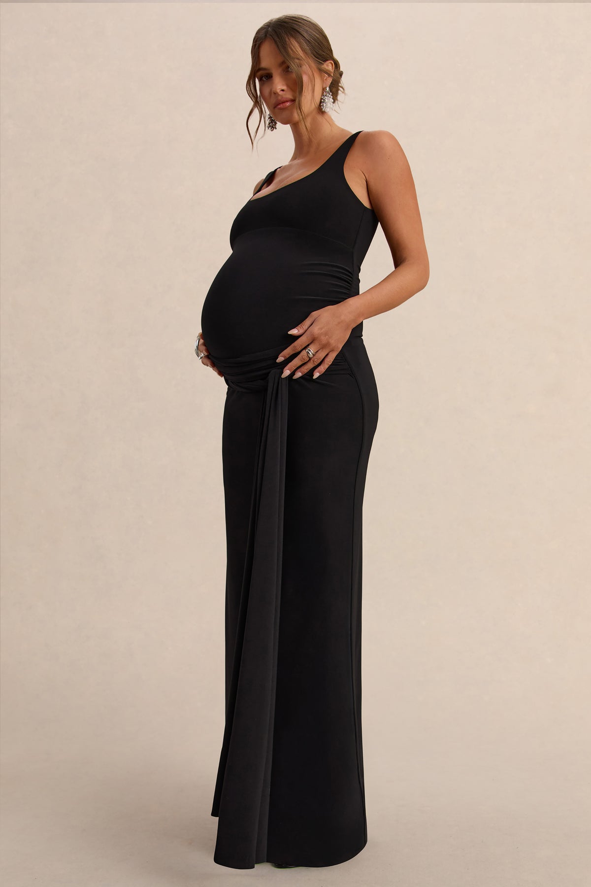 Felise | Black Scoop-Neck Maternity Maxi Dress With Gathered Detailing Felise | Black Scoop-Neck Maternity Maxi Dress With Gathered Detailing