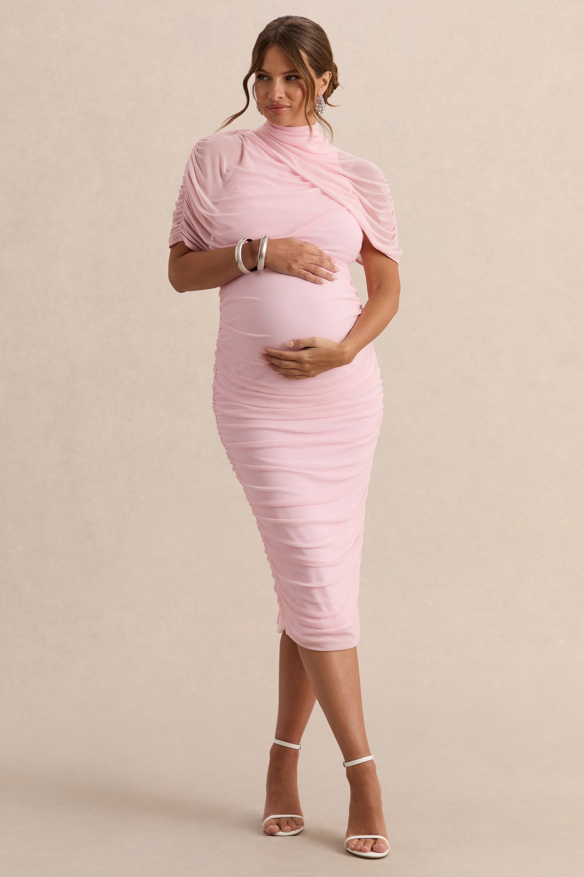 Aderyn | Light PINK High-Neck Maternity Midi Dress With Sheer Cape Sleeves - UK 16 Light PINK Aderyn | Light PINK High-Neck Maternity Midi Dress With Sheer Cape Sleeves - UK 16 Light PINK