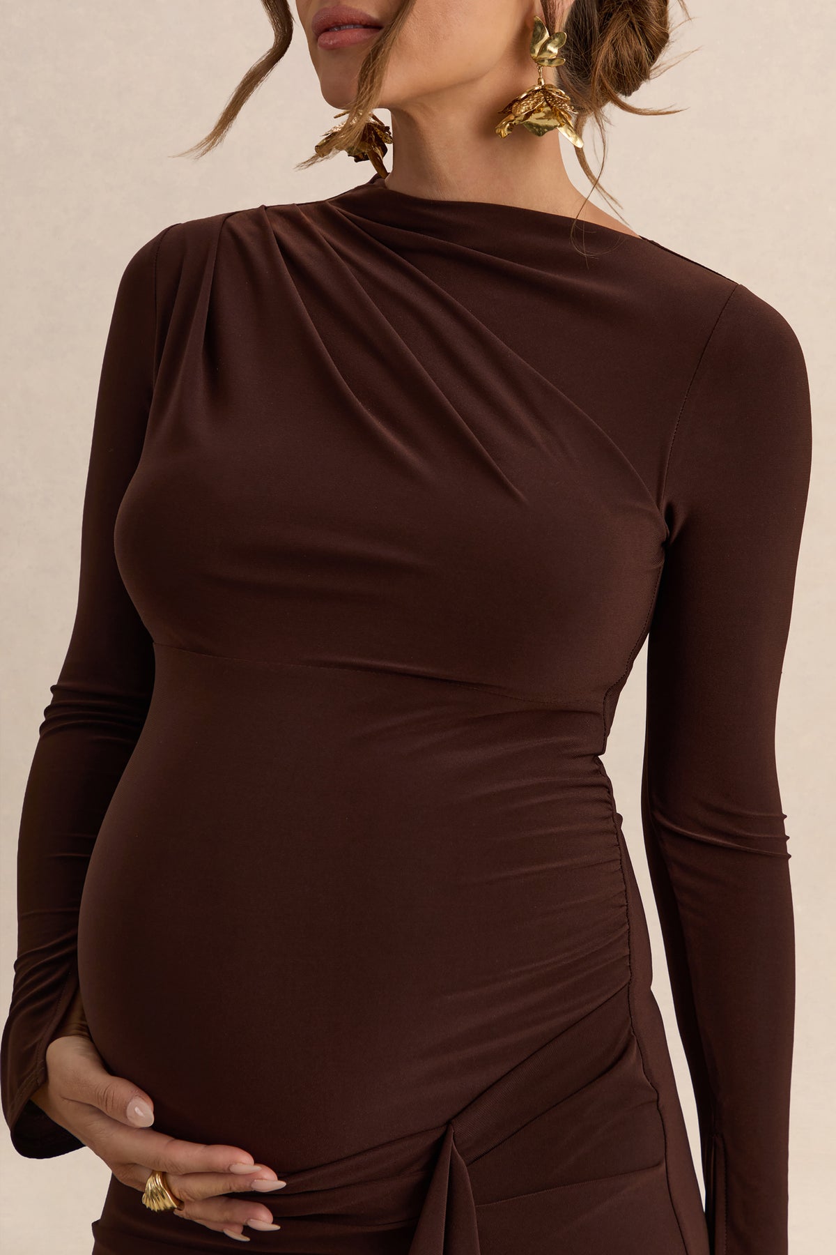 Kamira Dark Brown Round-Neck Maternity Maxi Dress With Gathered Deta  Club  L London - USA
