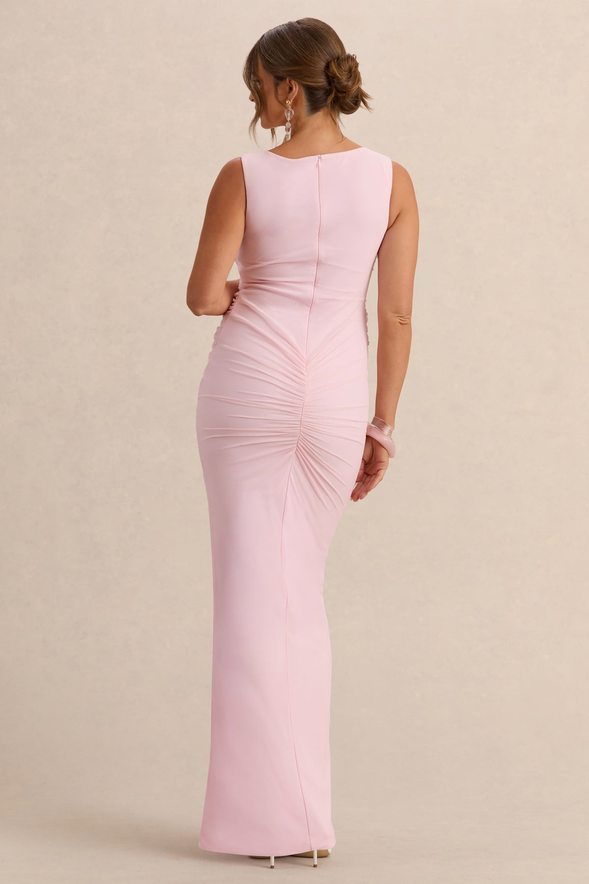 Alitha Light Pink Round-Neck Maternity Maxi Dress With Ruched Detail Club L London - USA Alitha Light Pink Round-Neck Maternity Maxi Dress With Ruched Detail Club L London - USA