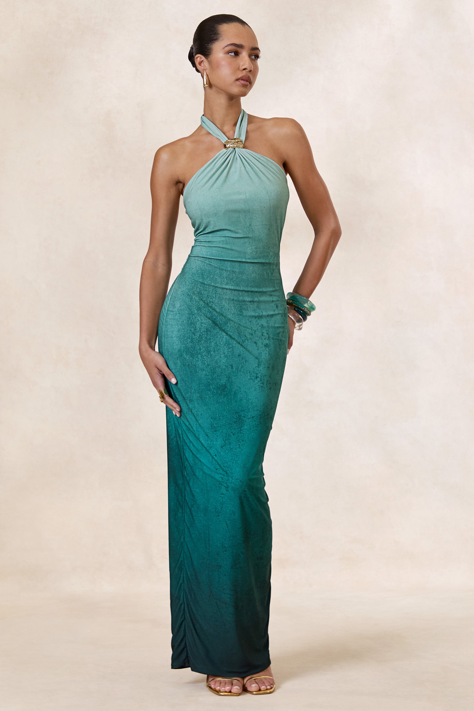 Thera | Turquoise Ombre Halter-Neck Maxi Dress With Gold Detail