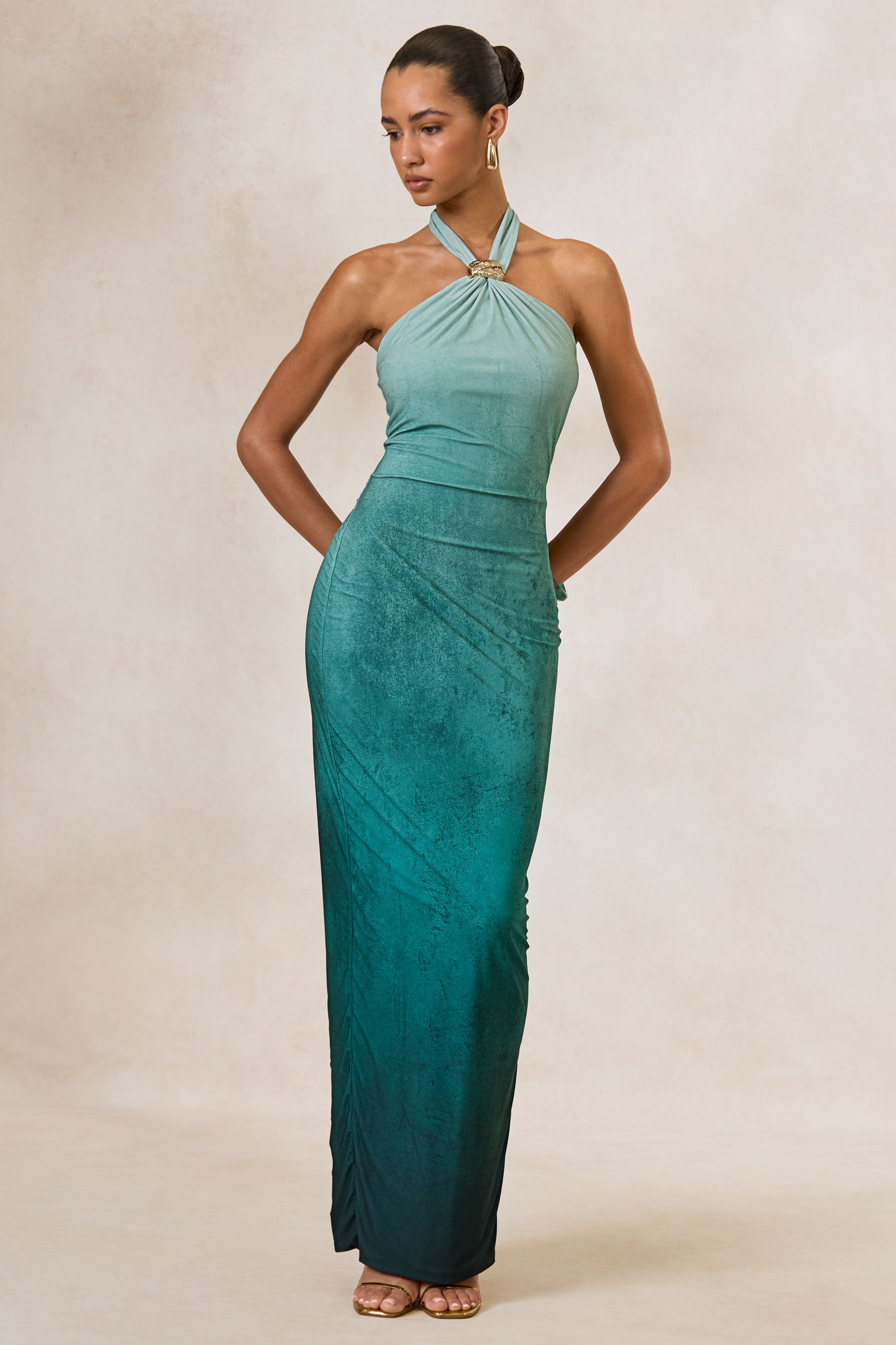 halter ombre dress Light Pink Ombre Pleated Halter Cutout Maxi Dress PinkBlush