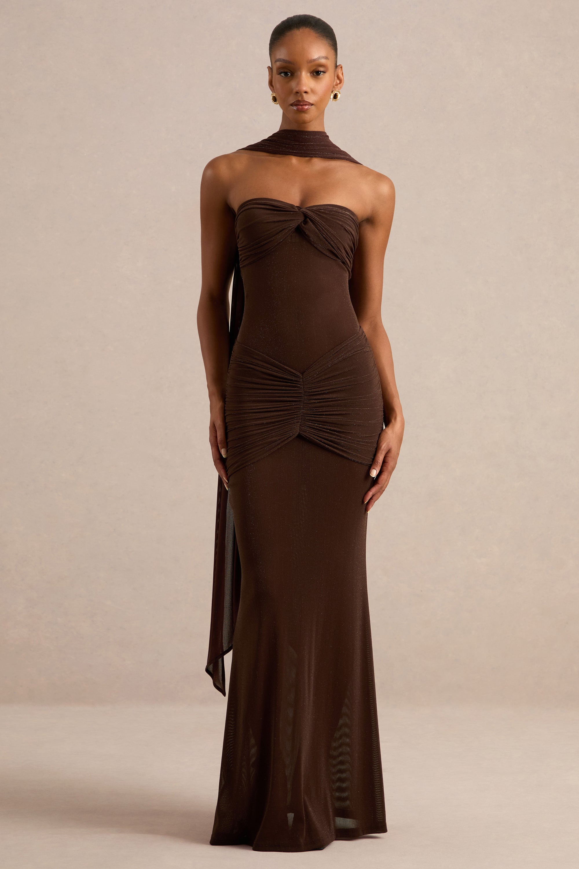ECM_HR_CL138119021 - Ursa _ Brown Sheer Bandeau-Neck Maxi Dress With Scarf Detail And Gathered Detailing0.jpg