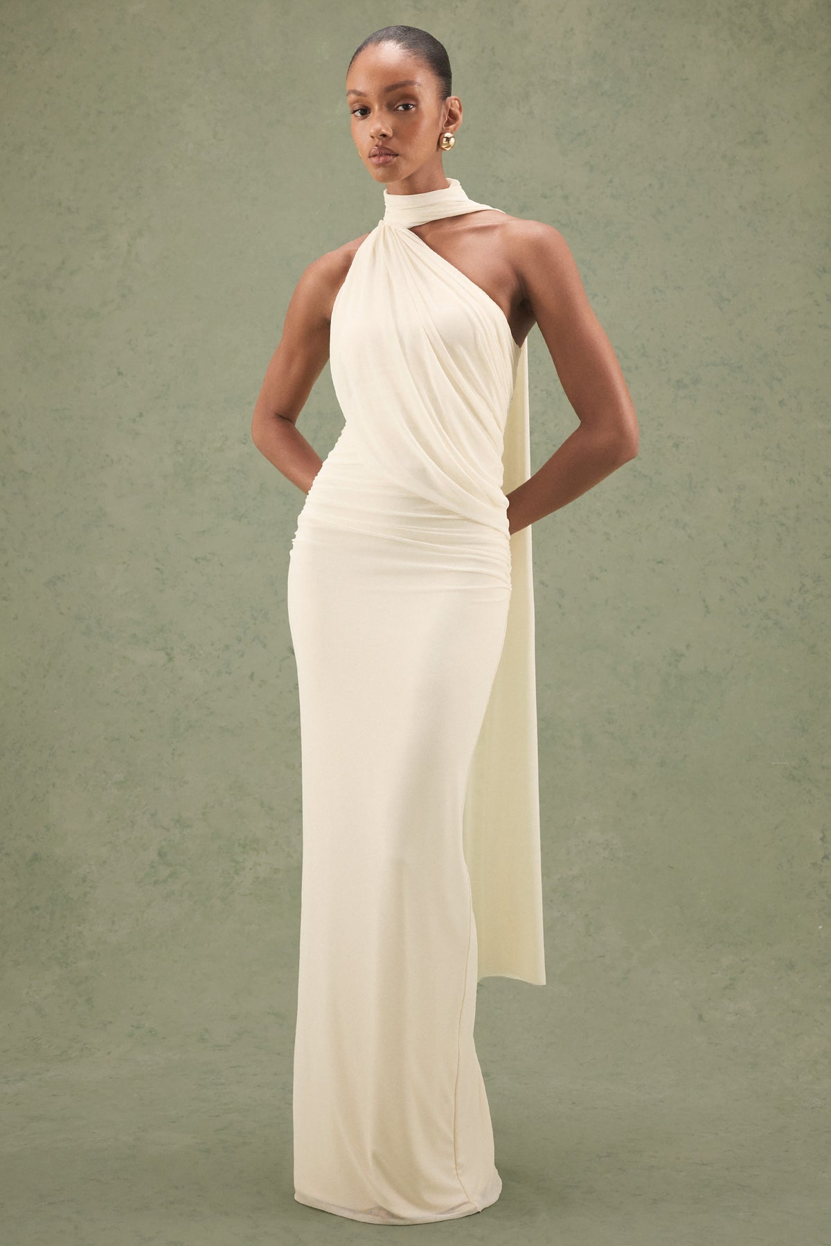 Gelsey | Cream Asymmetric-Neck Maxi Dress With Scarf – Club L London