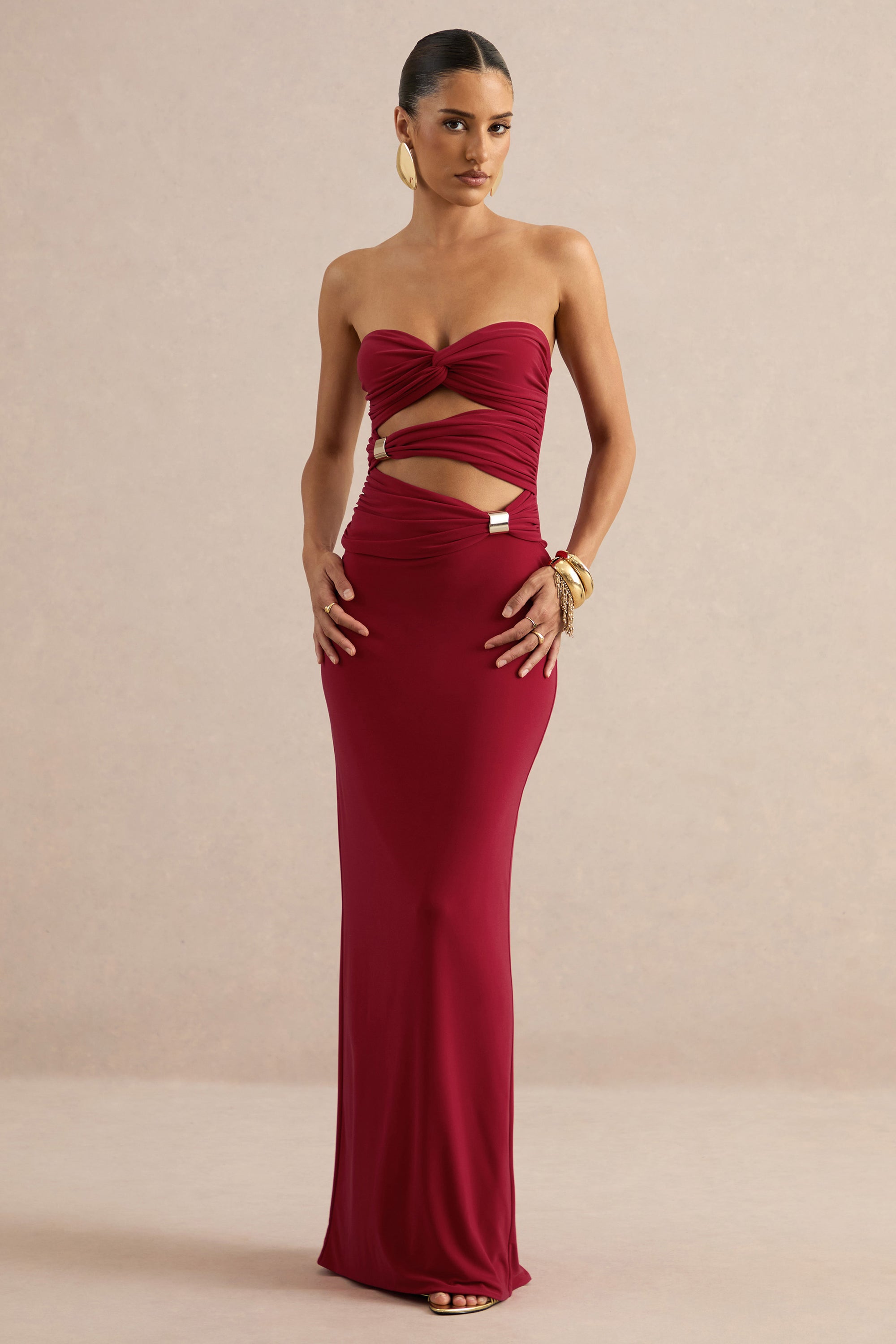 Mireia | Red Bandeau-Neck Maxi Dress With Body Cut-Out And Gold Detail – Club L London