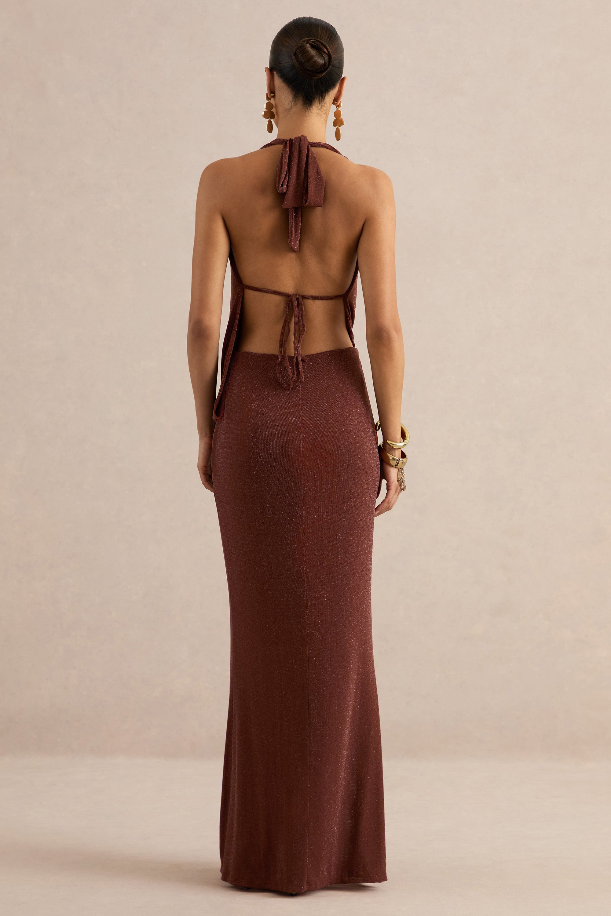 Velia | Brown Extreme Plunge-Neck Semi-Sheer Maxi Dress With Front High Split