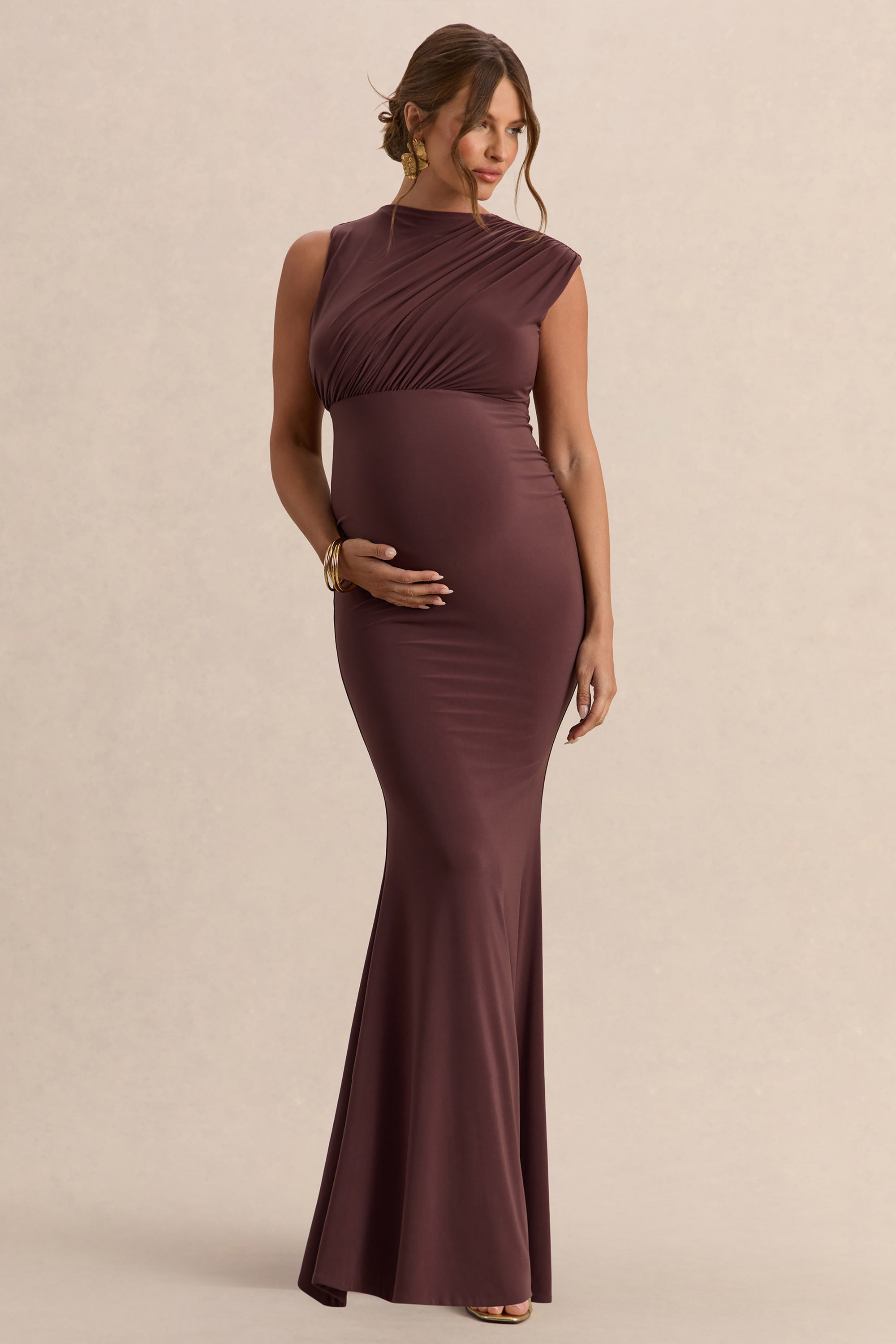 Osanna | DARK Brown Wide-Neck Maternity Maxi Dress With Ruched Detailing