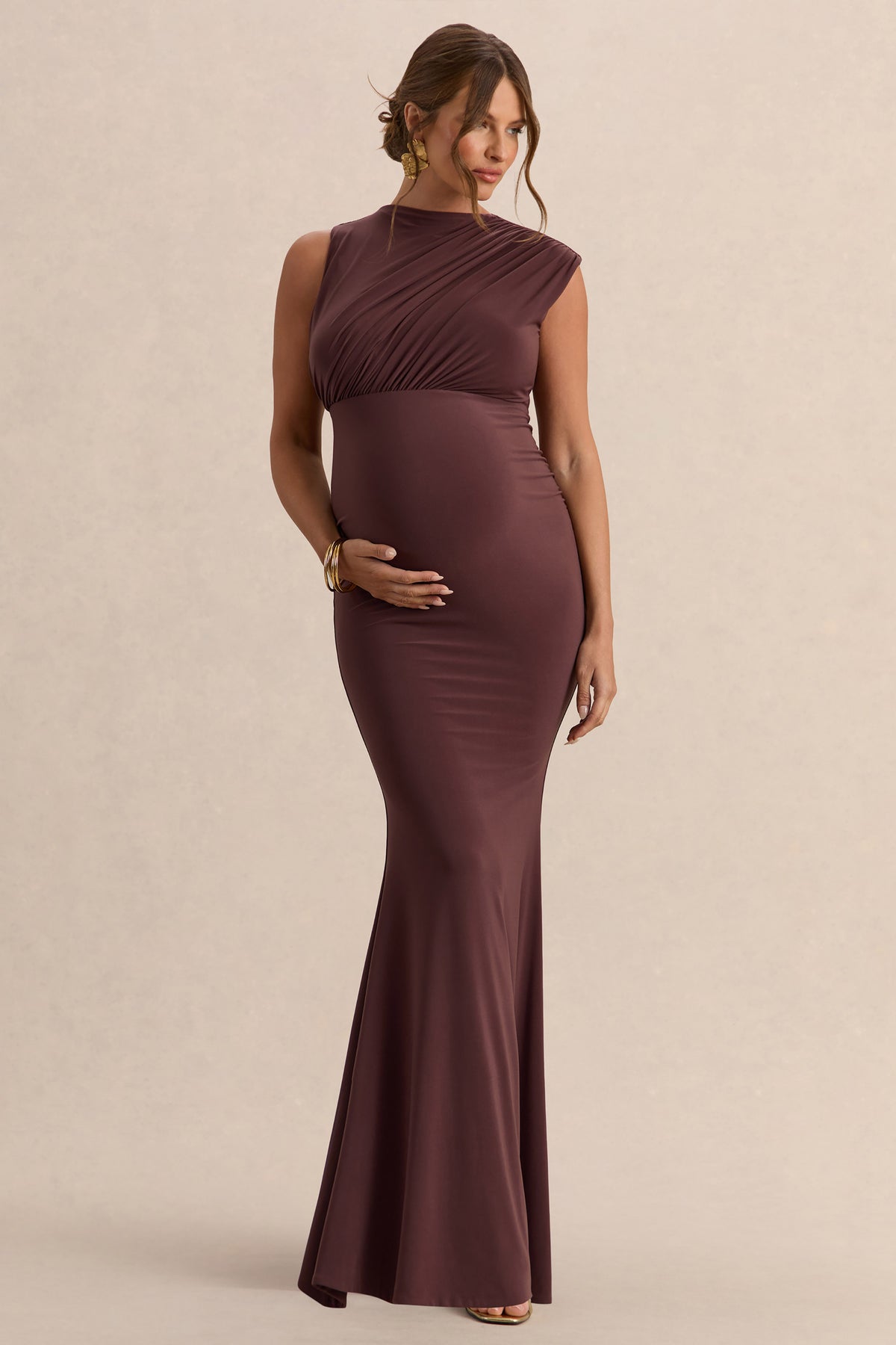dark brown ruched dress Dark Brown Ruched Maxi Dress