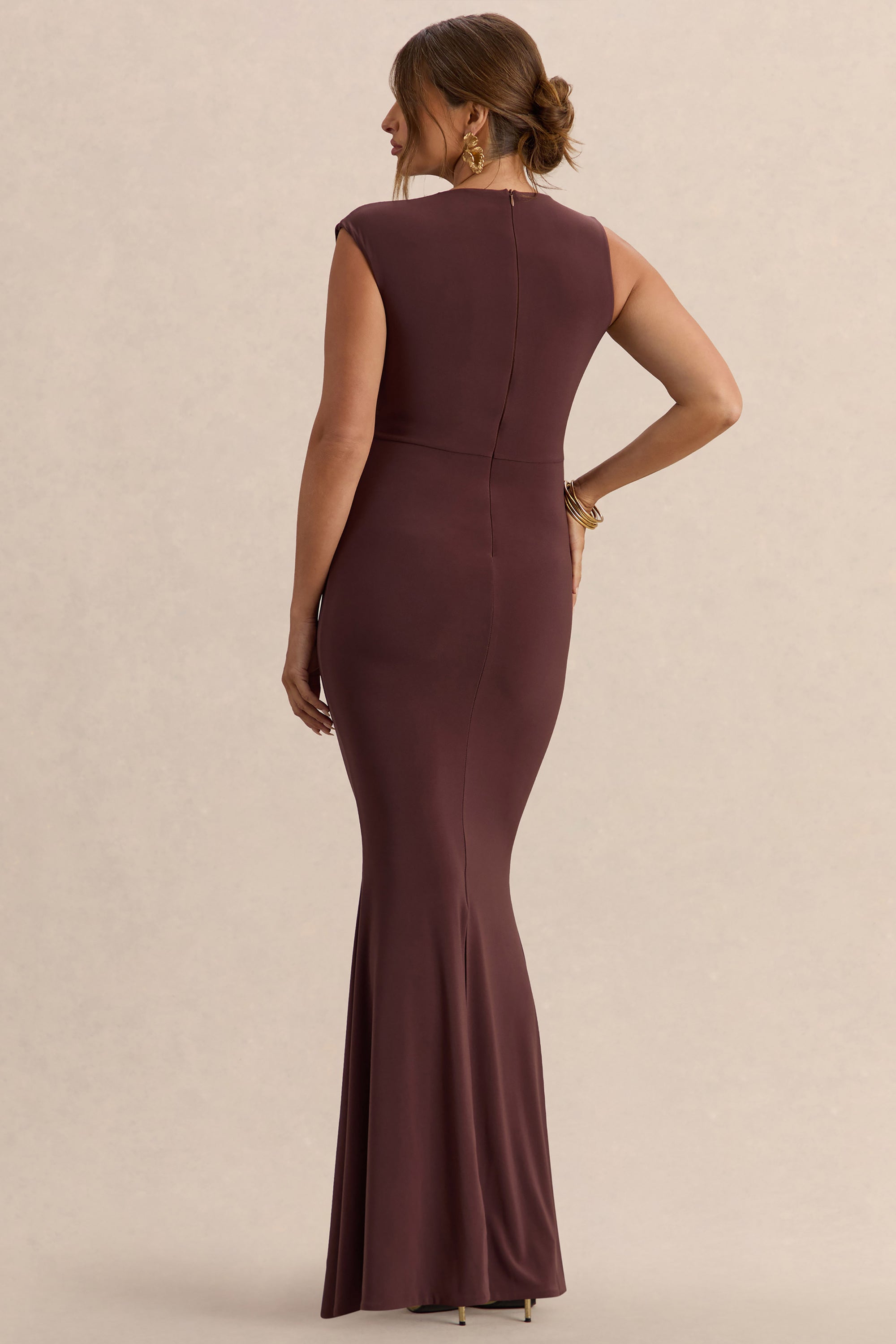 Osanna | DARK Brown Wide-Neck Maternity Maxi Dress With Ruched Detailing
