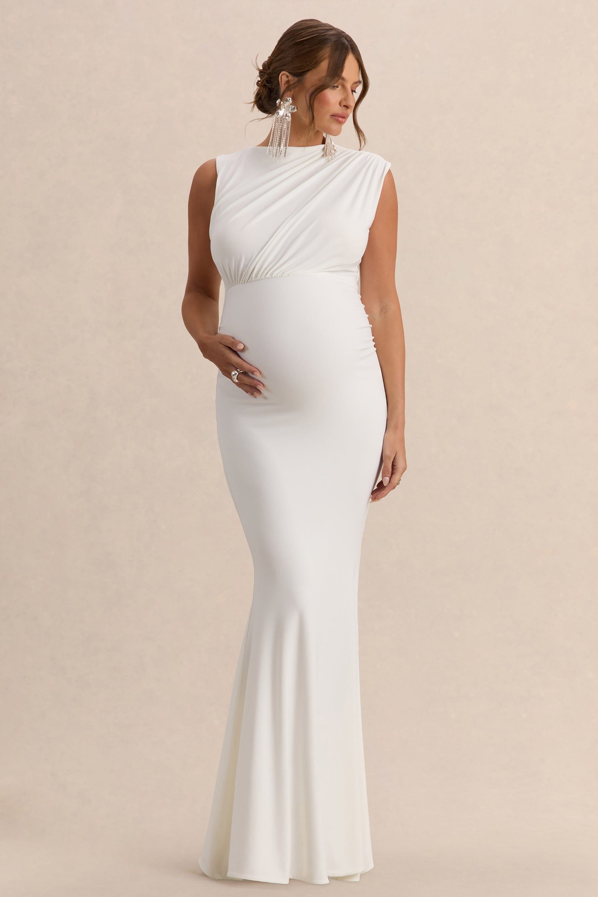white ruched maternity dress Momyknows Cream White Ruched Backless Big Swing Lantern Sleeve Boho Maternity Maxi Dress, White / 2XL