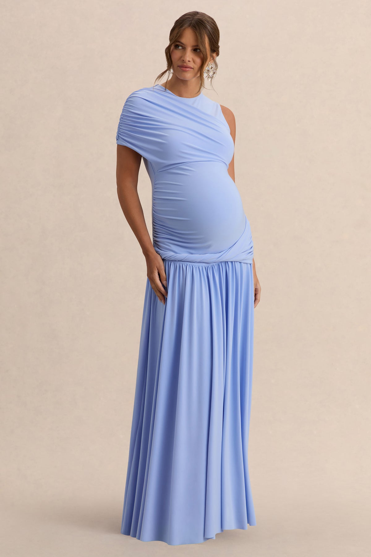 Naida Light Blue Round-Neck Maternity Maxi Dress With Draped Detaili Club L London - USA Naida Light Blue Round-Neck Maternity Maxi Dress With Draped Detaili Club L London - USA