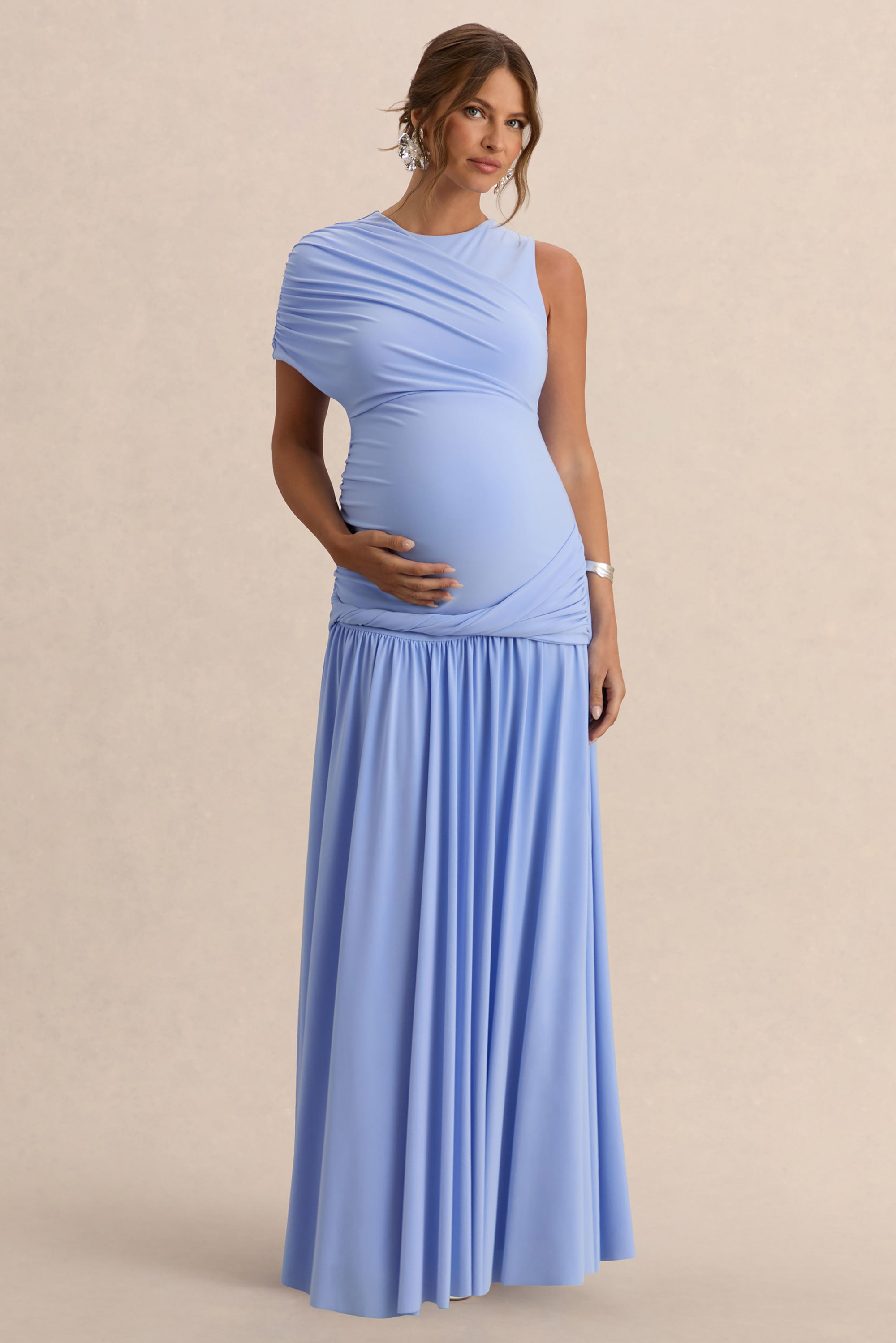 light blue long maternity dress Padma | Powder Blue Draped Maternity Maxi Dress With Cape Sleeves