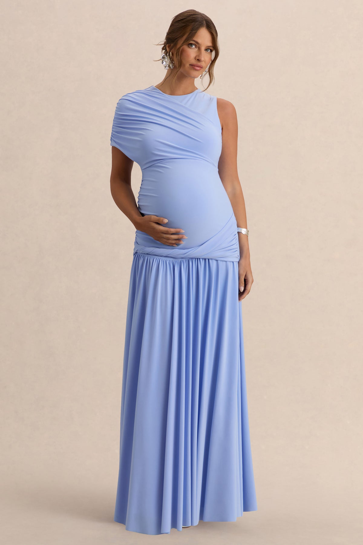 Naida Light Blue Round-Neck Maternity Maxi Dress With Draped Detaili – Club L London Naida Light Blue Round-Neck Maternity Maxi Dress With Draped Detaili – Club L London