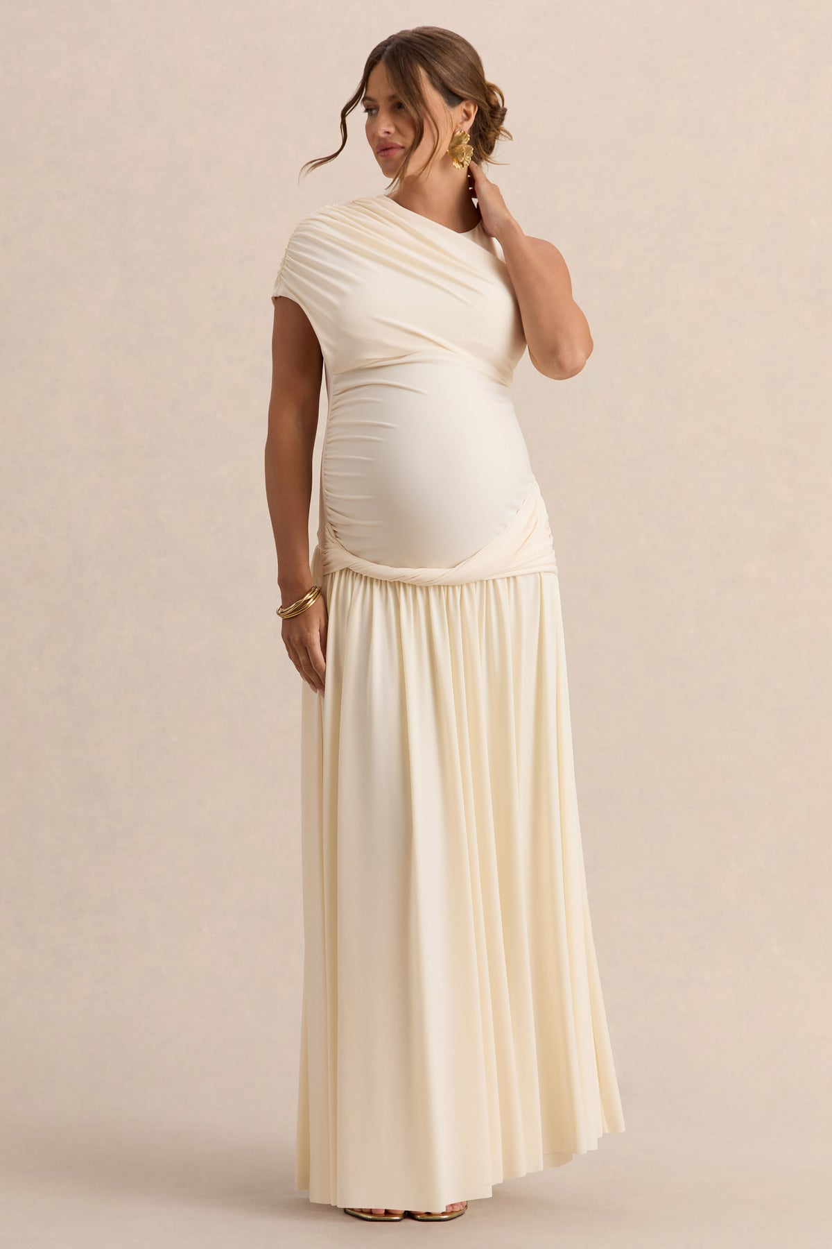 Naida Cream Round-Neck Maternity Maxi Dress With Draped Detailing Club L London - USA Naida Cream Round-Neck Maternity Maxi Dress With Draped Detailing Club L London - USA