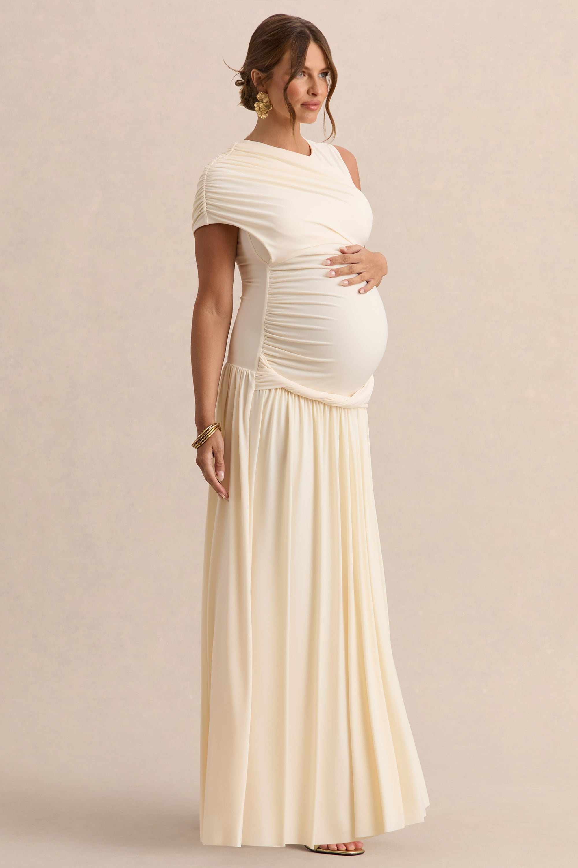 Naida | Cream Round-Neck Maternity Maxi Dress With Draped Detailing