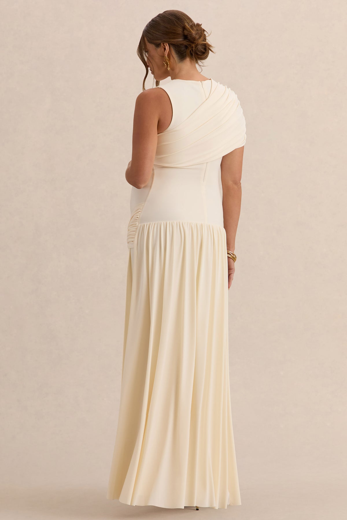 cream maternity maxi dress Naida Cream Round-Neck Maternity Maxi Dress With Draped Detailing – Club L  London