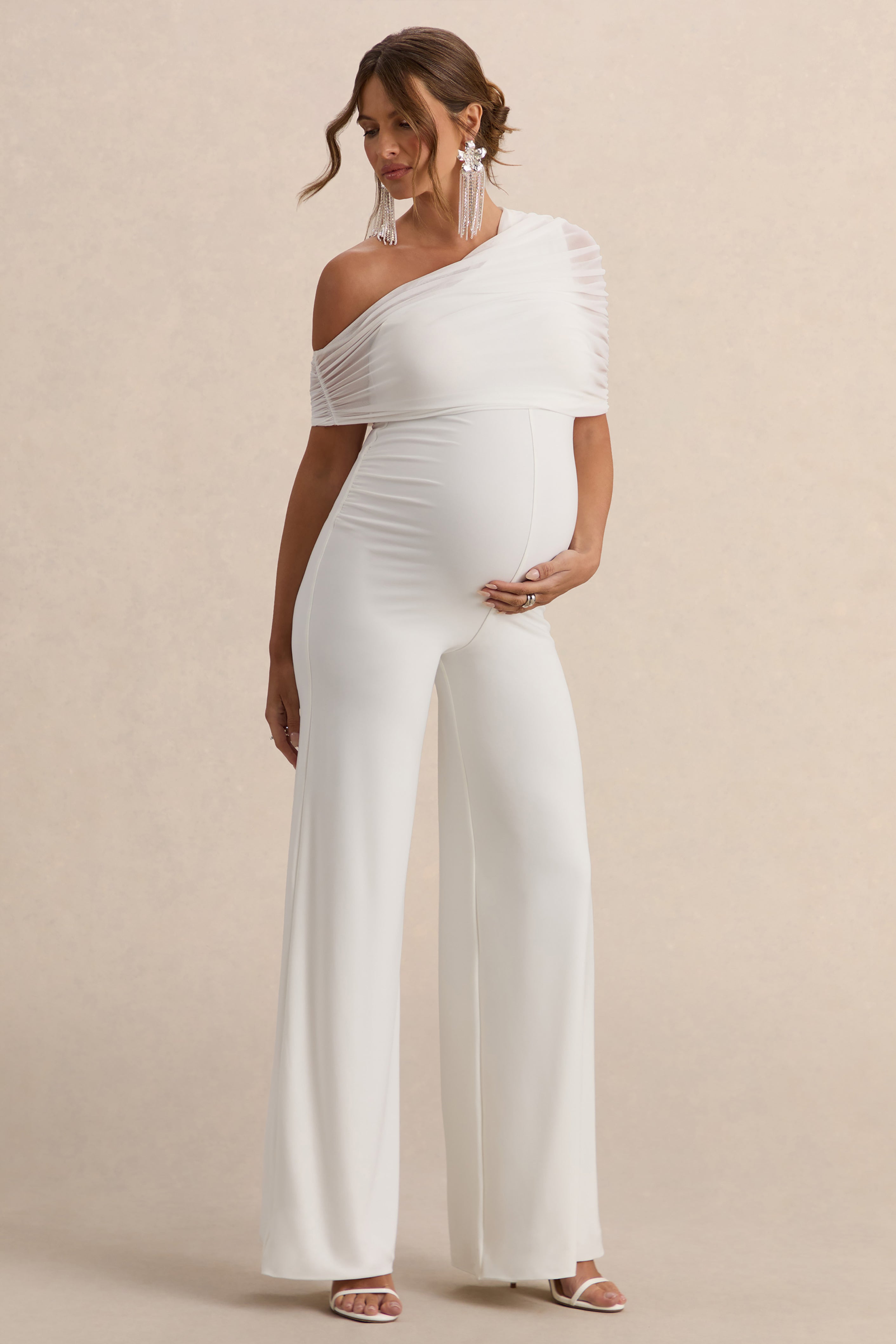 Mariska | White Asymmetric-Neck Maternity Jumpsuit – Club L London