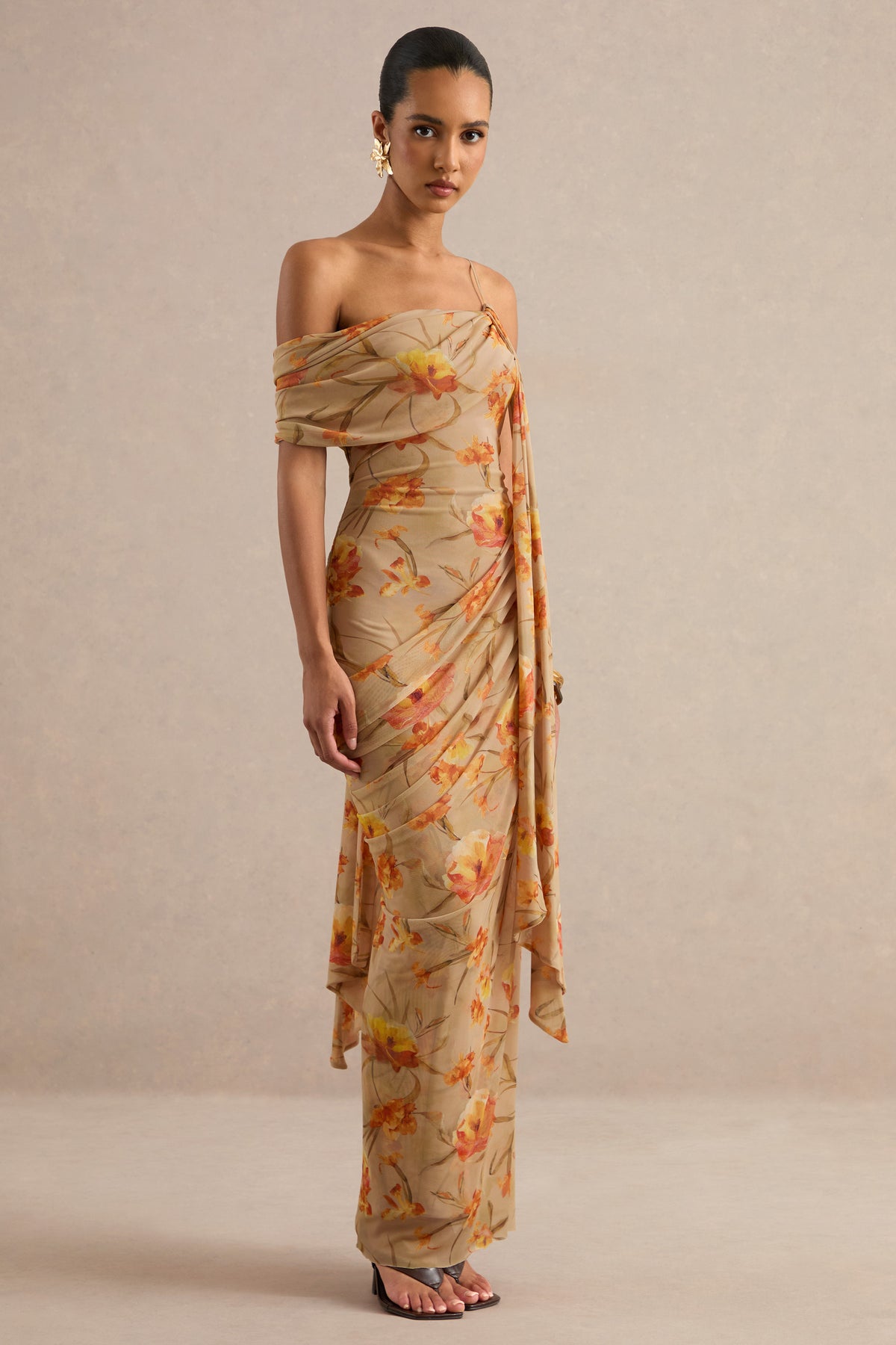 mesh orange dress Afton | Floral Asymmetric-Neck Maxi With Sash Detail Featuring a sleek fitted Color:Tropical Walks Thong Sandal Red Lace Spaghetti Straps