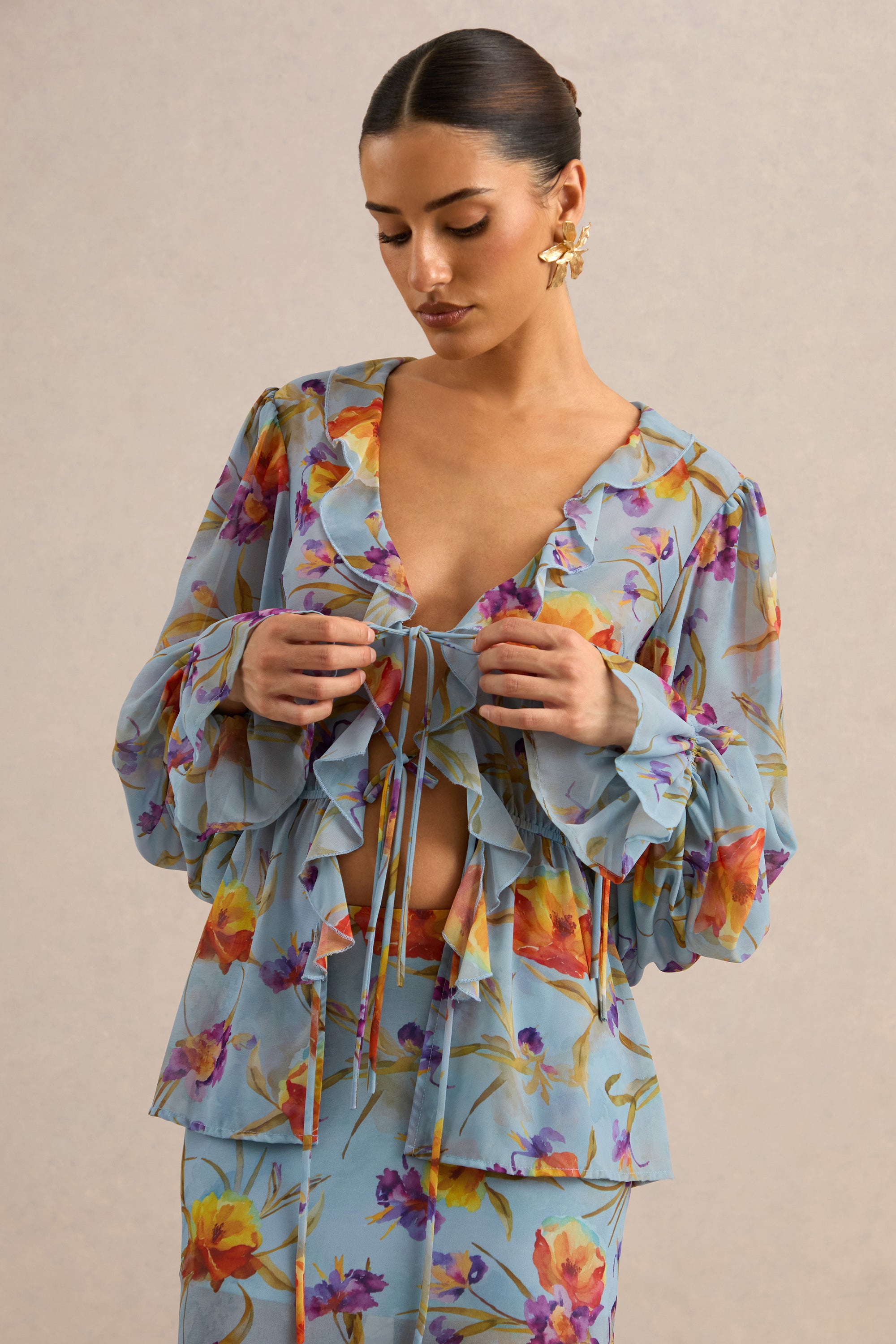 CL138215016 - Alveta | Blue Floral Chiffon Sheer V-Neck Top With Ruffled Detailing7.jpg