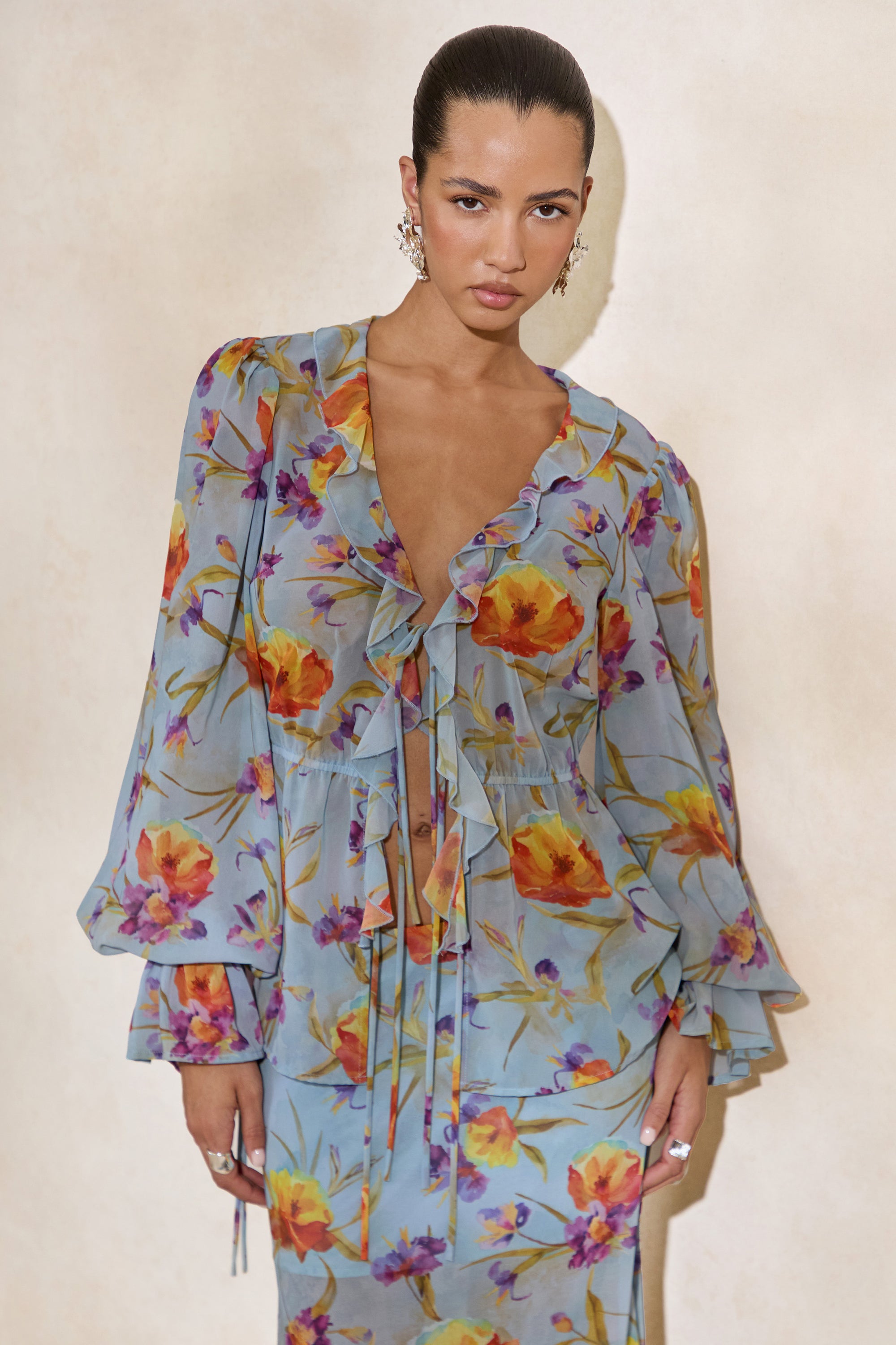 CL138215016 - Alveta _ Blue Floral Chiffon Sheer V-Neck Top With Ruffled Detailing  3.jpg