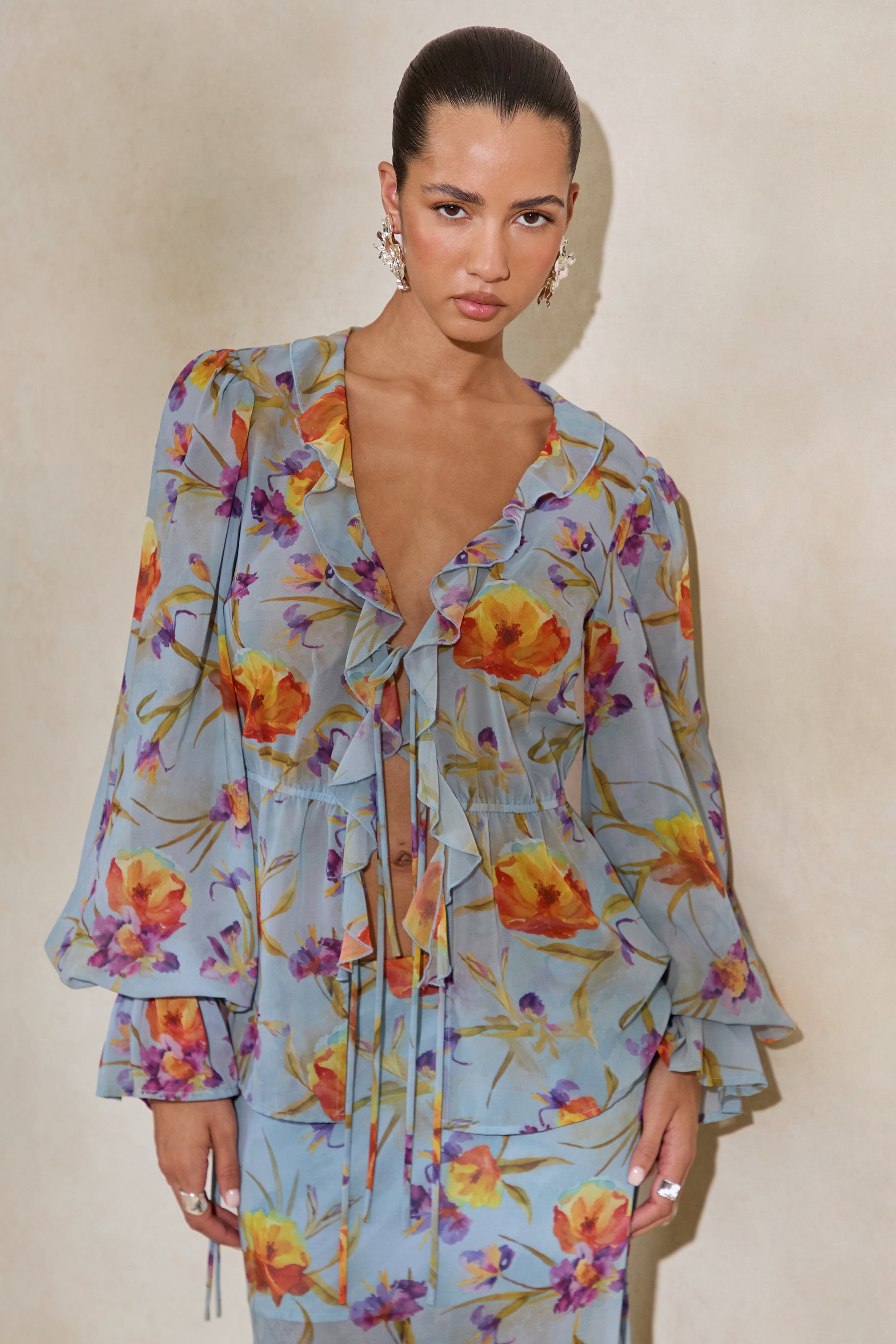 CL138215016 - Alveta _ Blue Floral Chiffon Sheer V-Neck Top With Ruffled Detailing 3.jpg