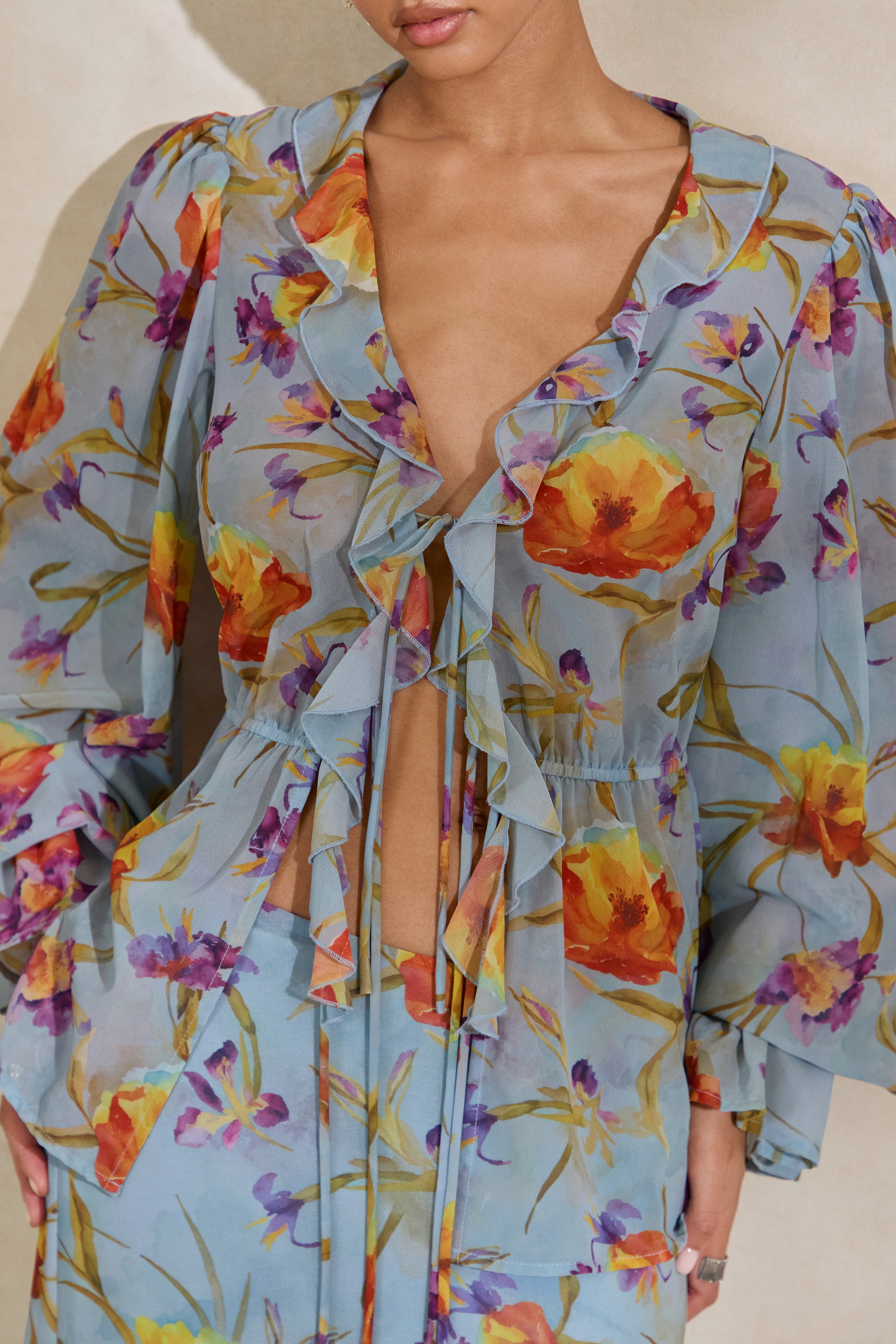 CL138215016 - Alveta _ Blue Floral Chiffon Sheer V-Neck Top With Ruffled Detailing 7.jpg