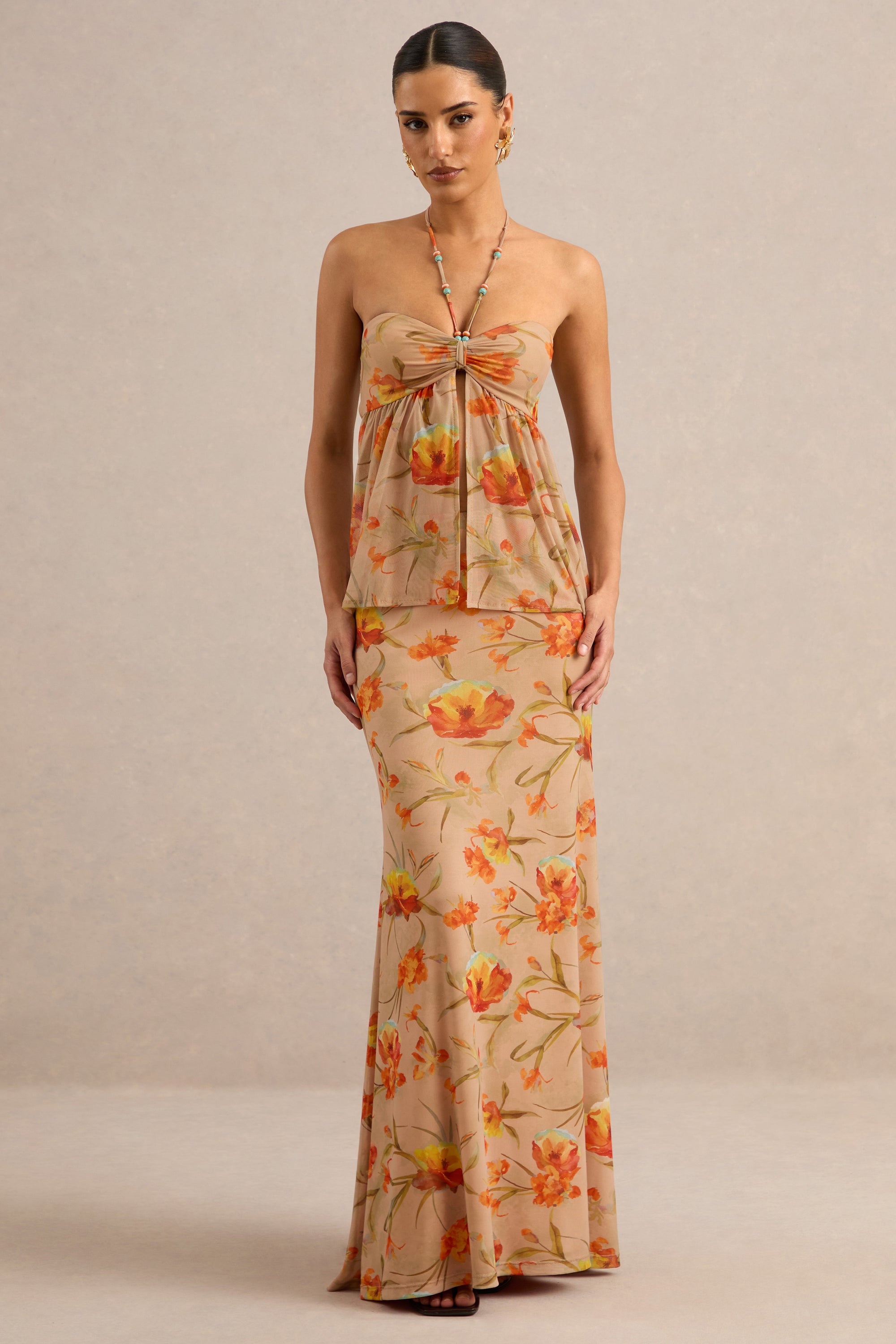 CL138221070 - Flaviah | Orange Floral Print Mesh Halter-Neck Top 2.jpg