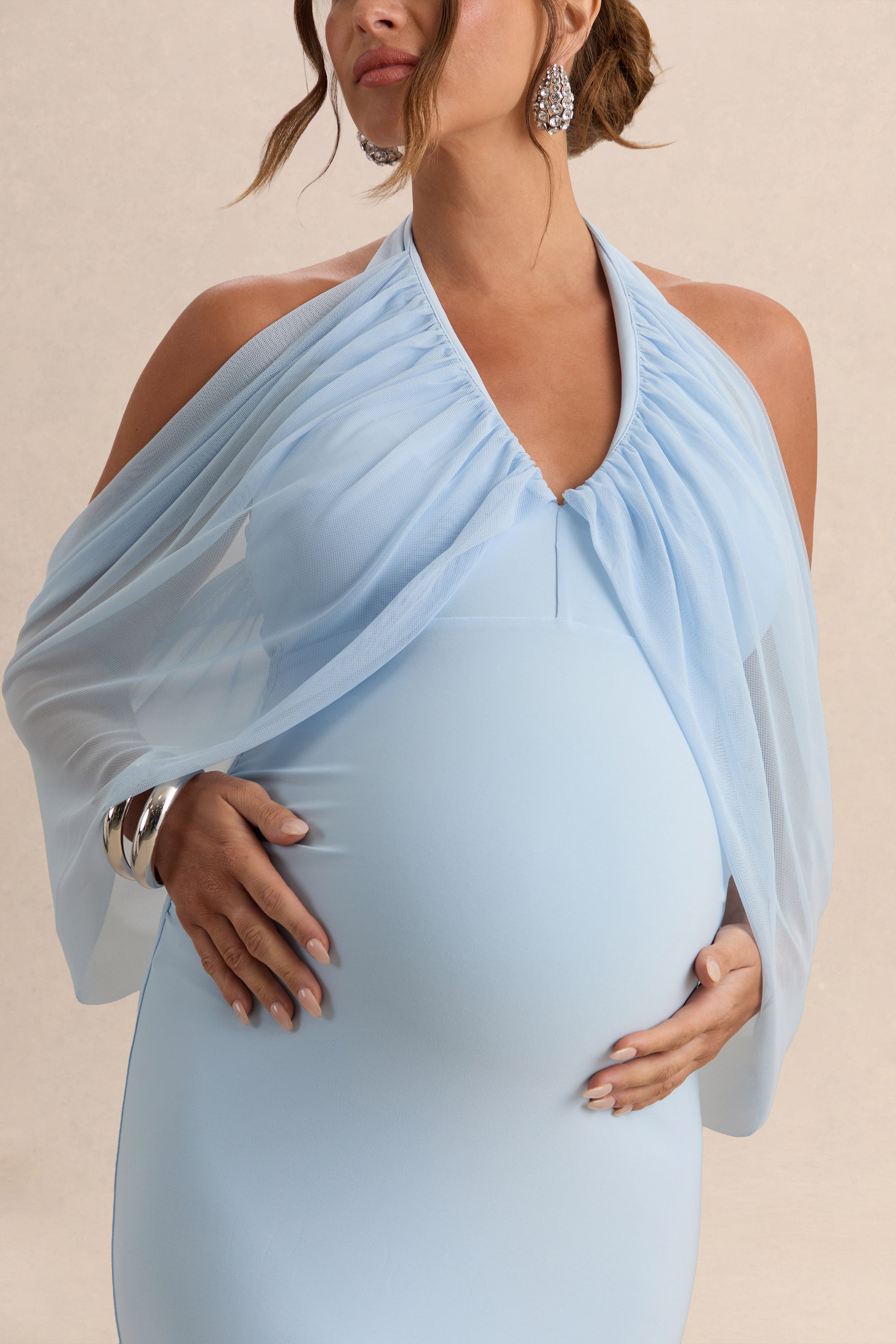 Caris | Light BLUE Bardot-Neck Maternity Maxi Dress