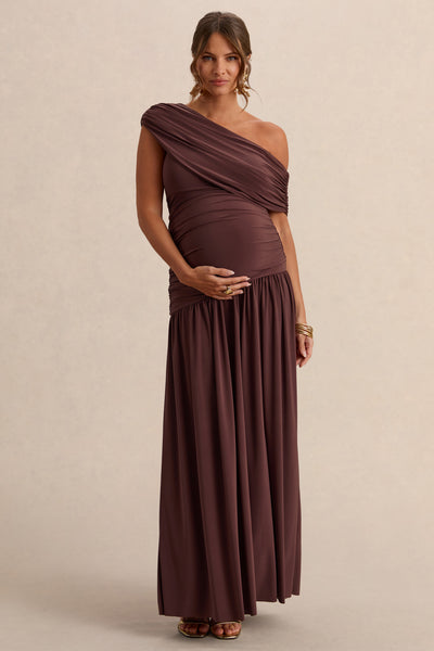 brown dress for pregnant women Marjorie | DARK Asymmetric-Neck Maternity Maxi Perfect for special occasions
