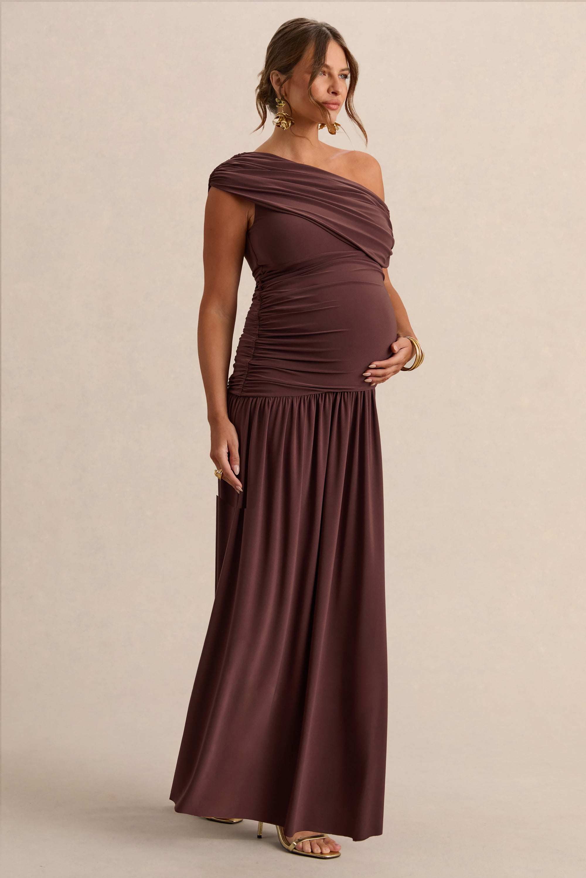 maternity dress brown Satin maternity maxi dress