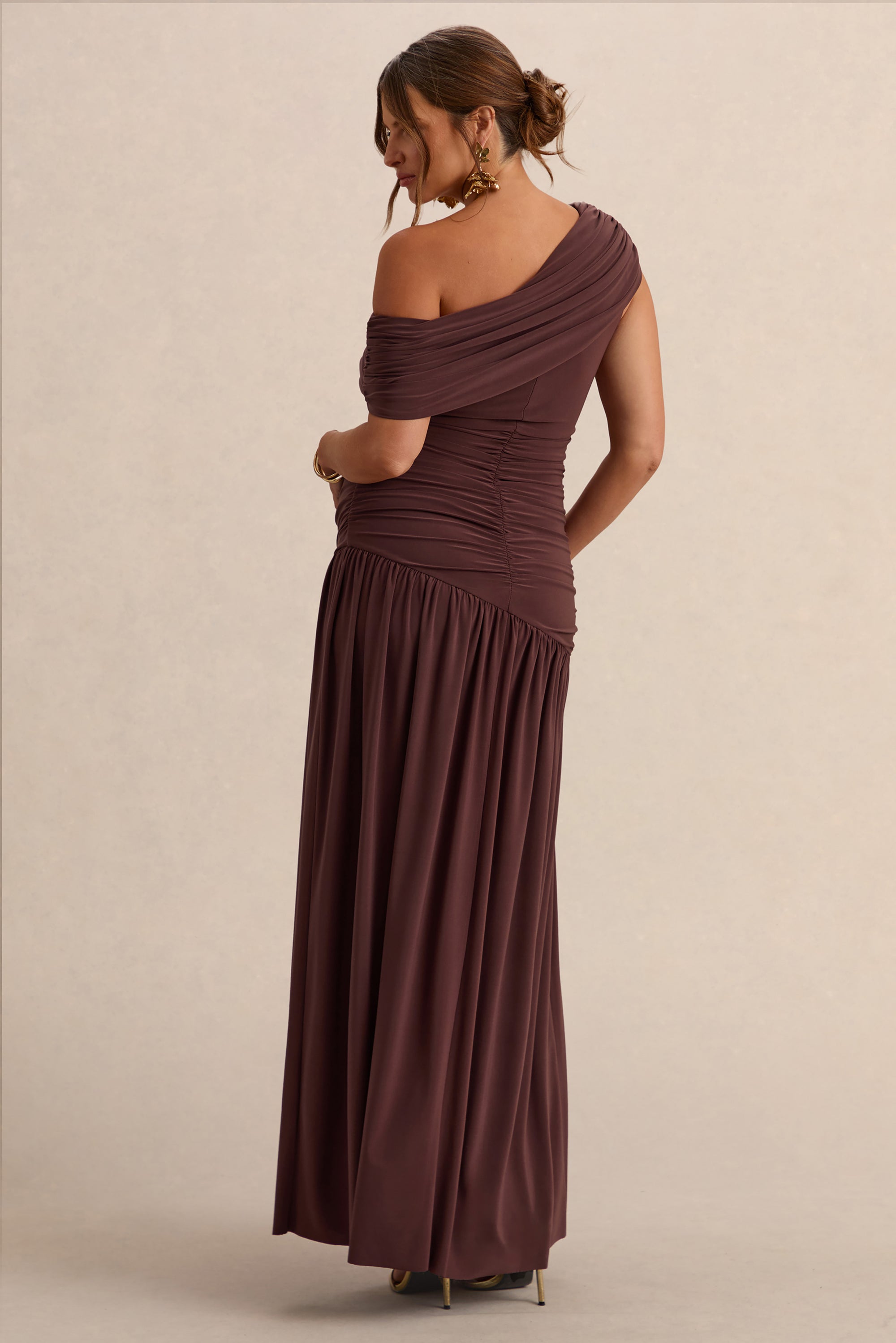 dark brown flowy dress Marjorie | DARK Brown Asymmetric-Neck Maternity Maxi Dress
