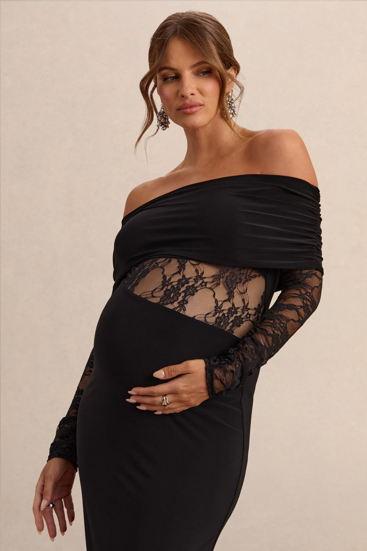 black lace pregnancy dress Artemisia | Black Bardot-Neck Maternity Maxi Dress With Lace Detailing
