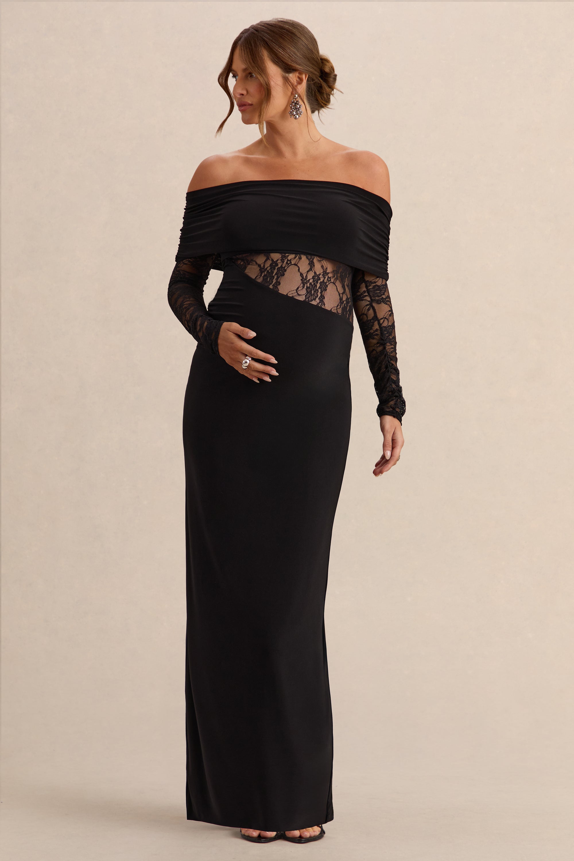 Artemisia | Black Bardot-Neck Maternity Maxi Dress With Lace Detailing