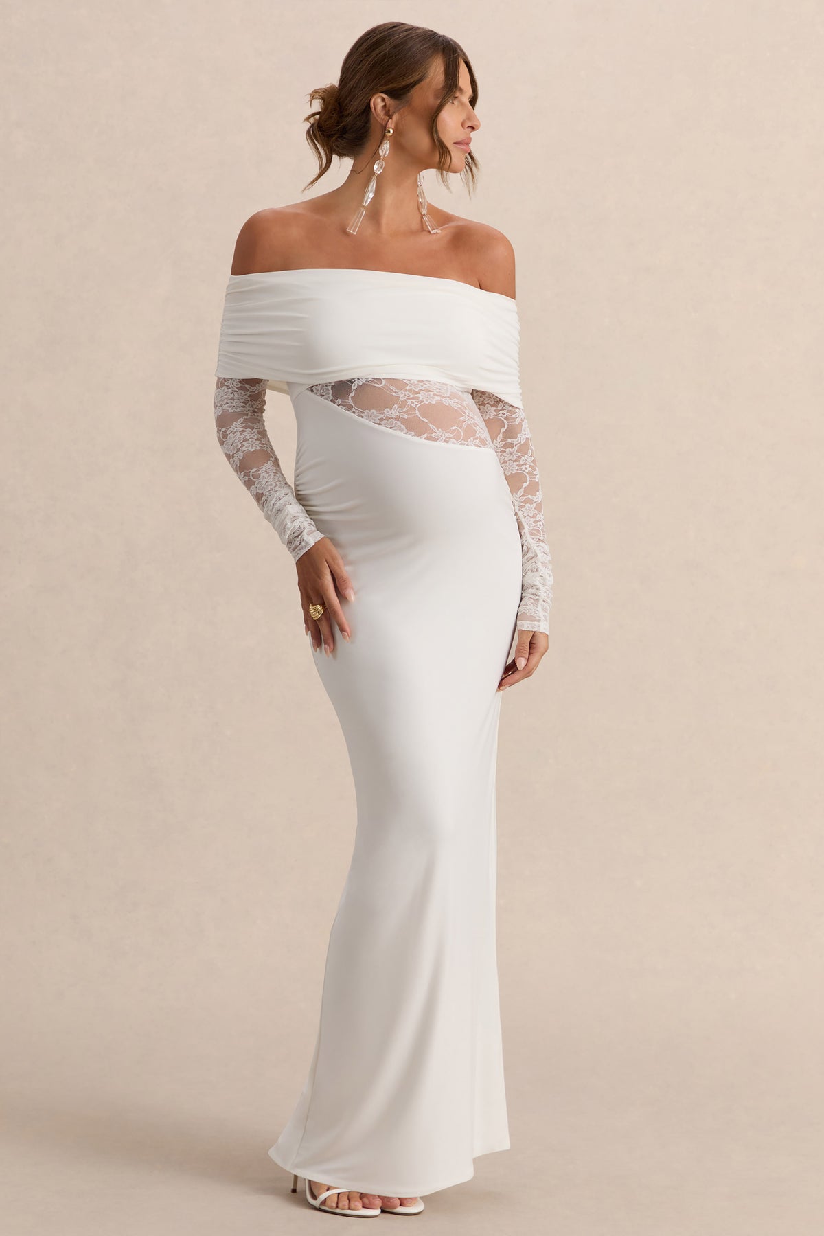 Artemisia | White Bardot-Neck Maternity Maxi Dress With Lace Detailing Artemisia | White Bardot-Neck Maternity Maxi Dress With Lace Detailing