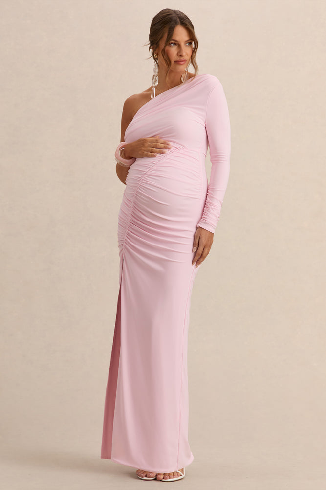 Cassiana Light Pink Asymmetric-Neck Maternity Maxi Dress With Front-  Club  L London - USA